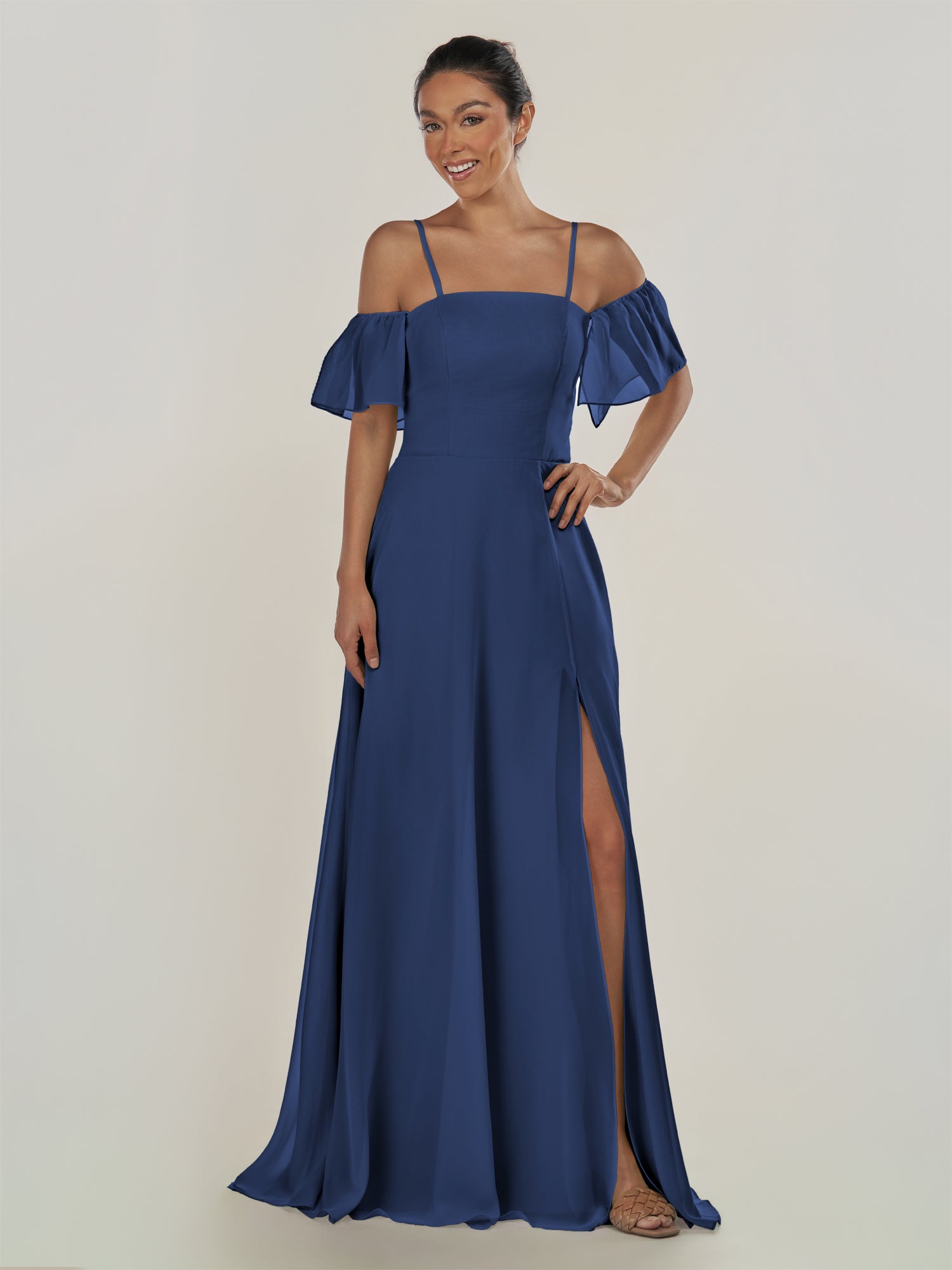 KissDress-Olia Navy A Line Chiffon Off the Shoulder Long Bridesmaid Dress with Slit
