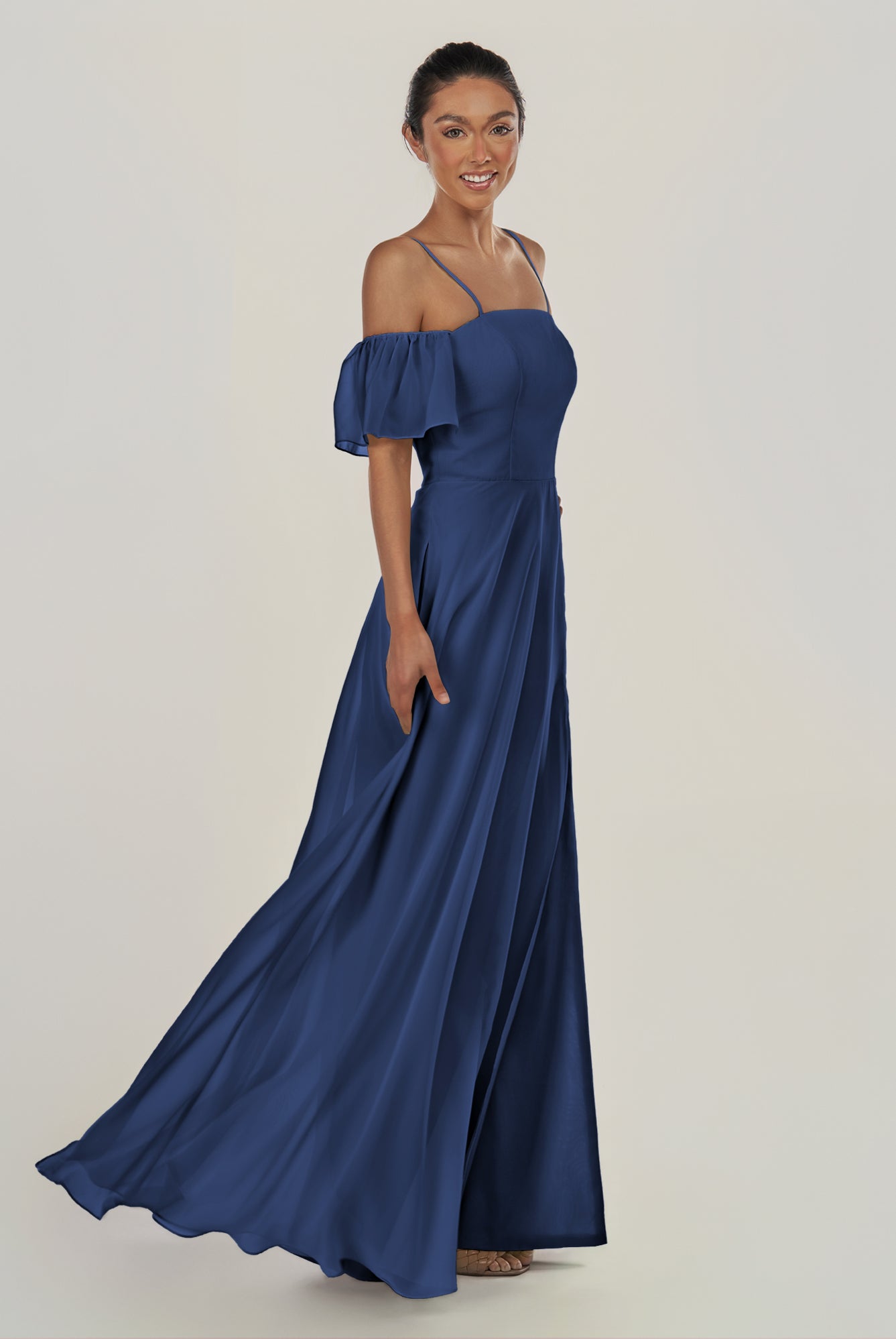 KissDress-Olia Navy A Line Chiffon Off the Shoulder Long Bridesmaid Dress with Slit