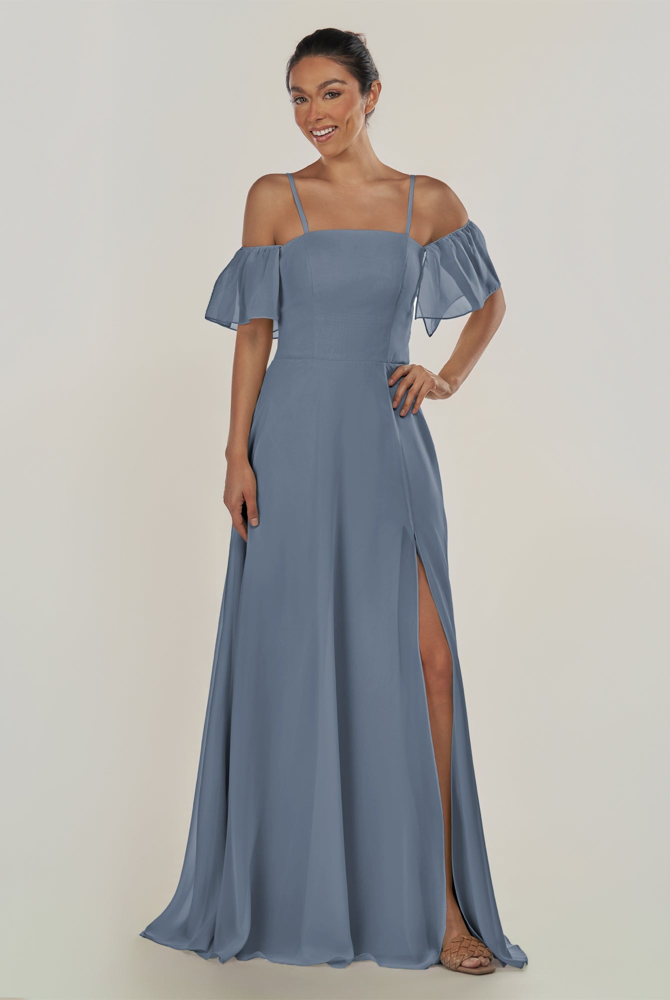 KissDress-Olia Neptune A Line Chiffon Off the Shoulder Long Bridesmaid Dress with Slit