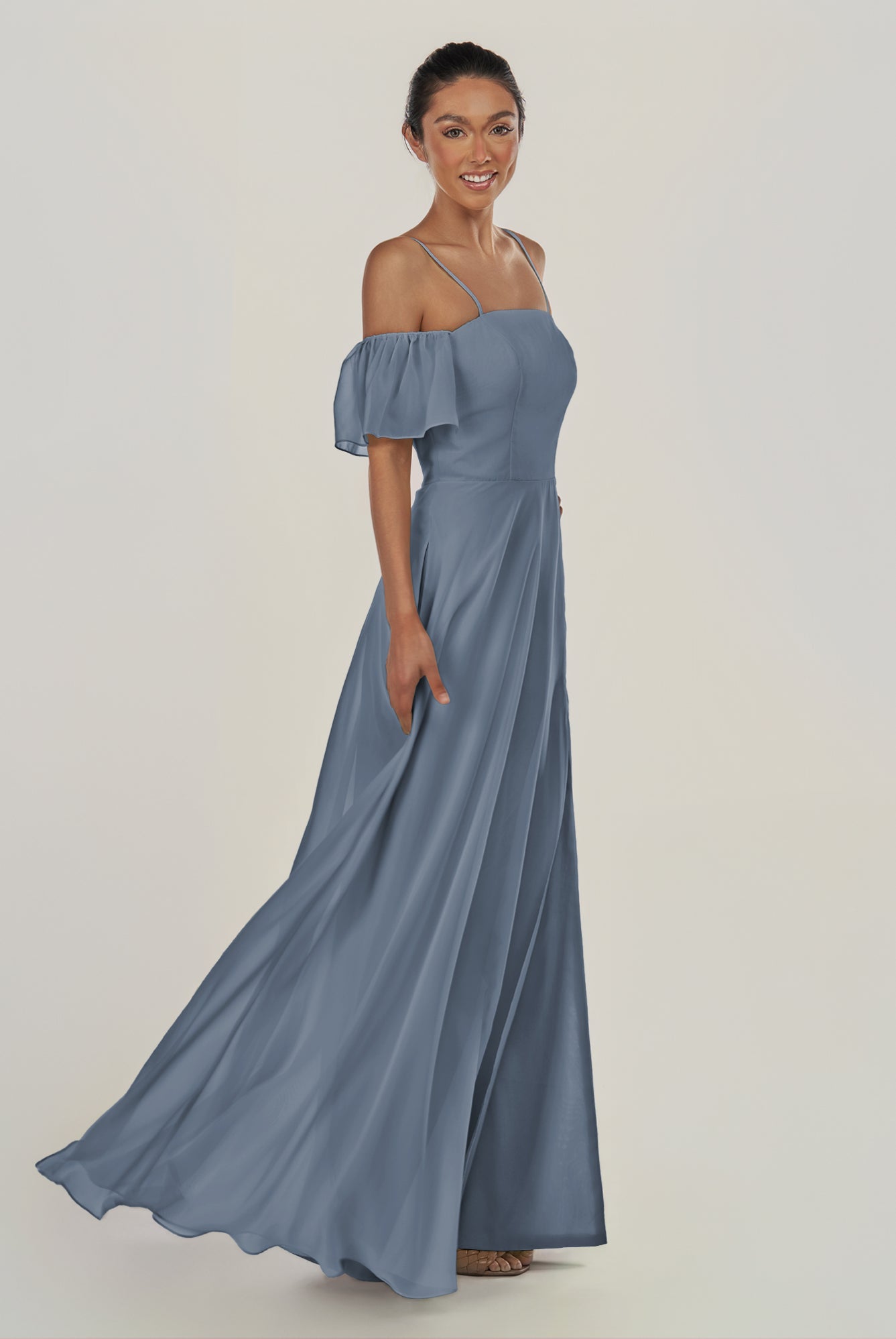 KissDress-Olia Neptune A Line Chiffon Off the Shoulder Long Bridesmaid Dress with Slit