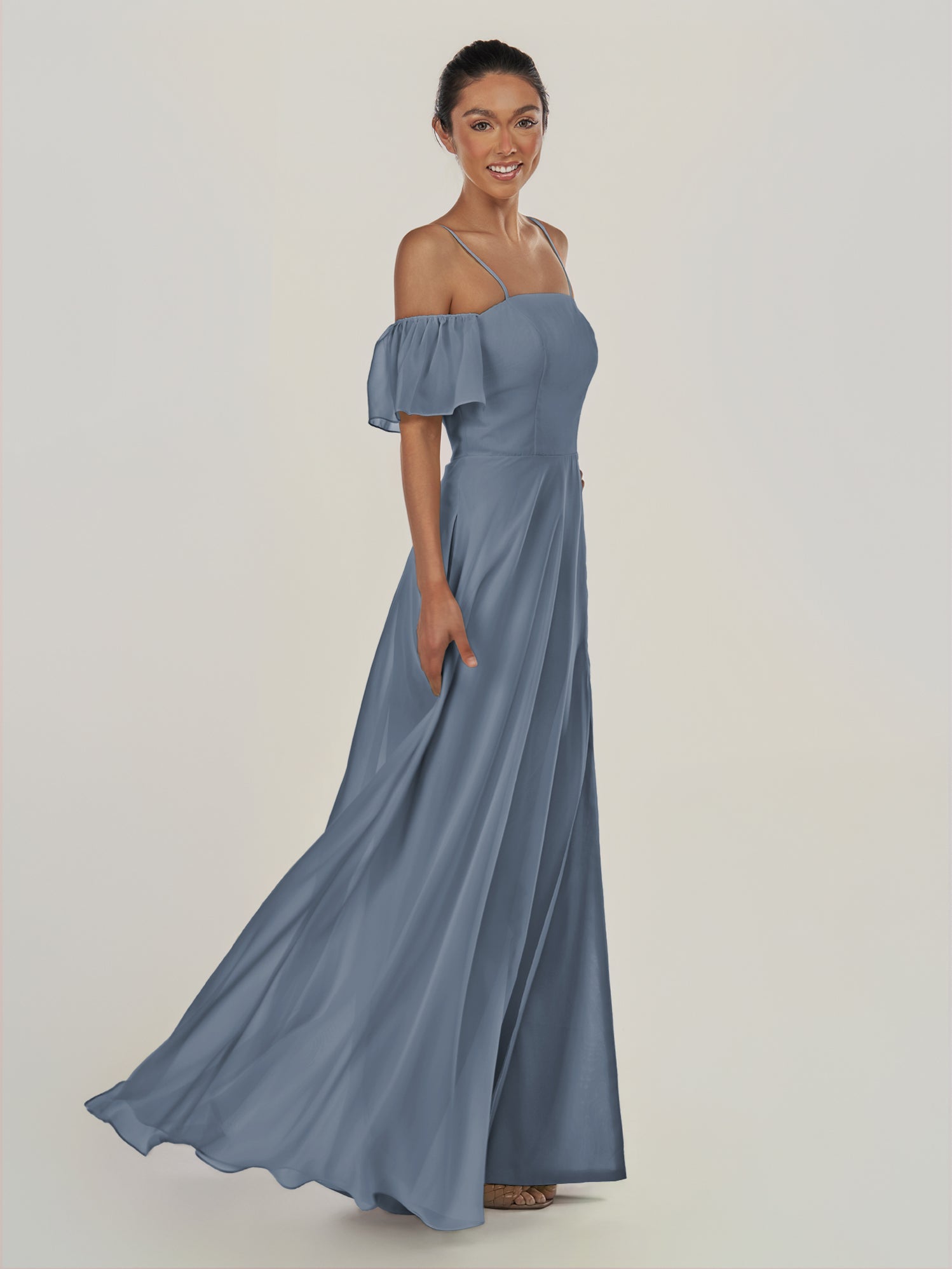 KissDress-Olia Neptune A Line Chiffon Off the Shoulder Long Bridesmaid Dress with Slit