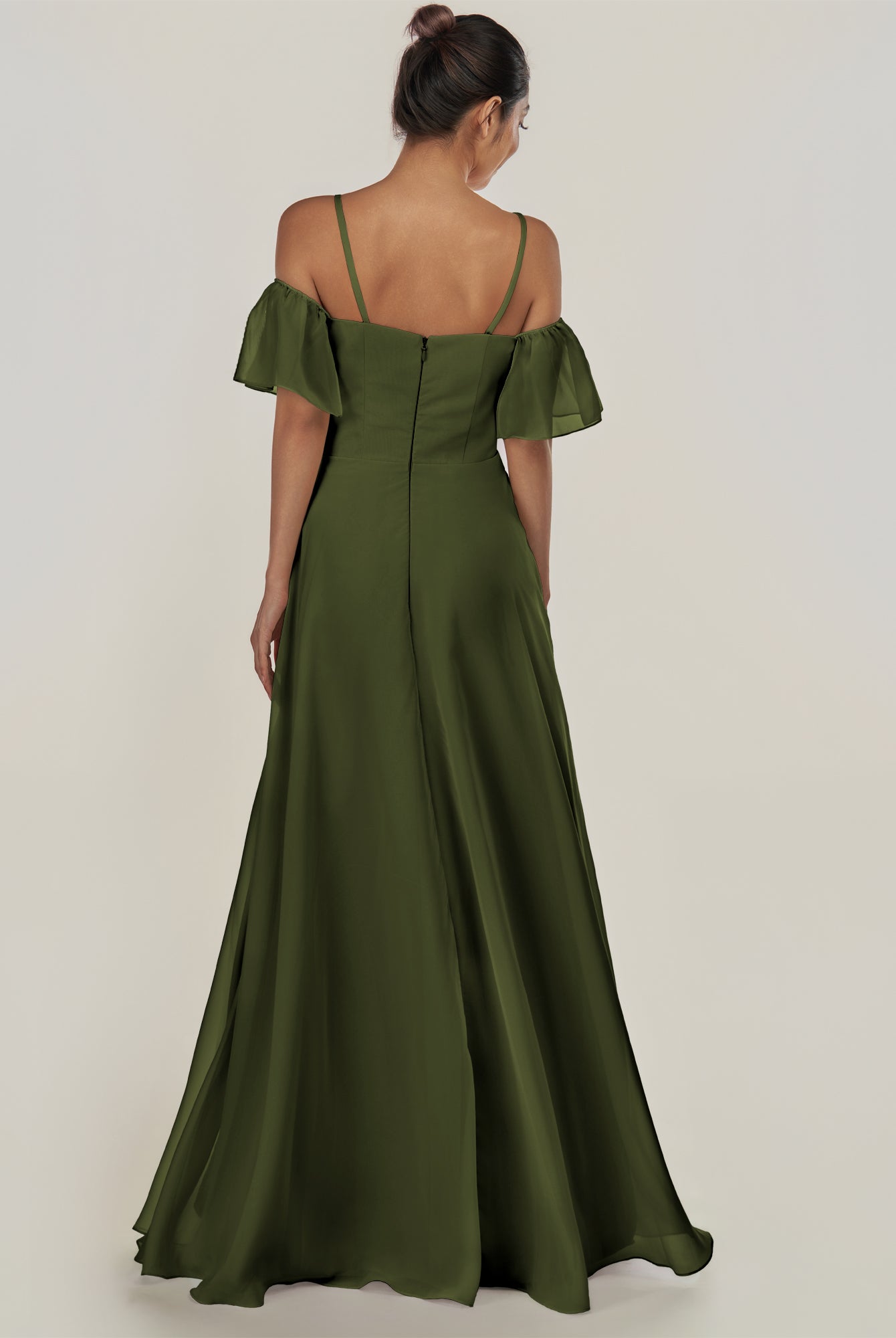 KissDress-Olia Olive A Line Chiffon Off the Shoulder Long Bridesmaid Dress with Slit