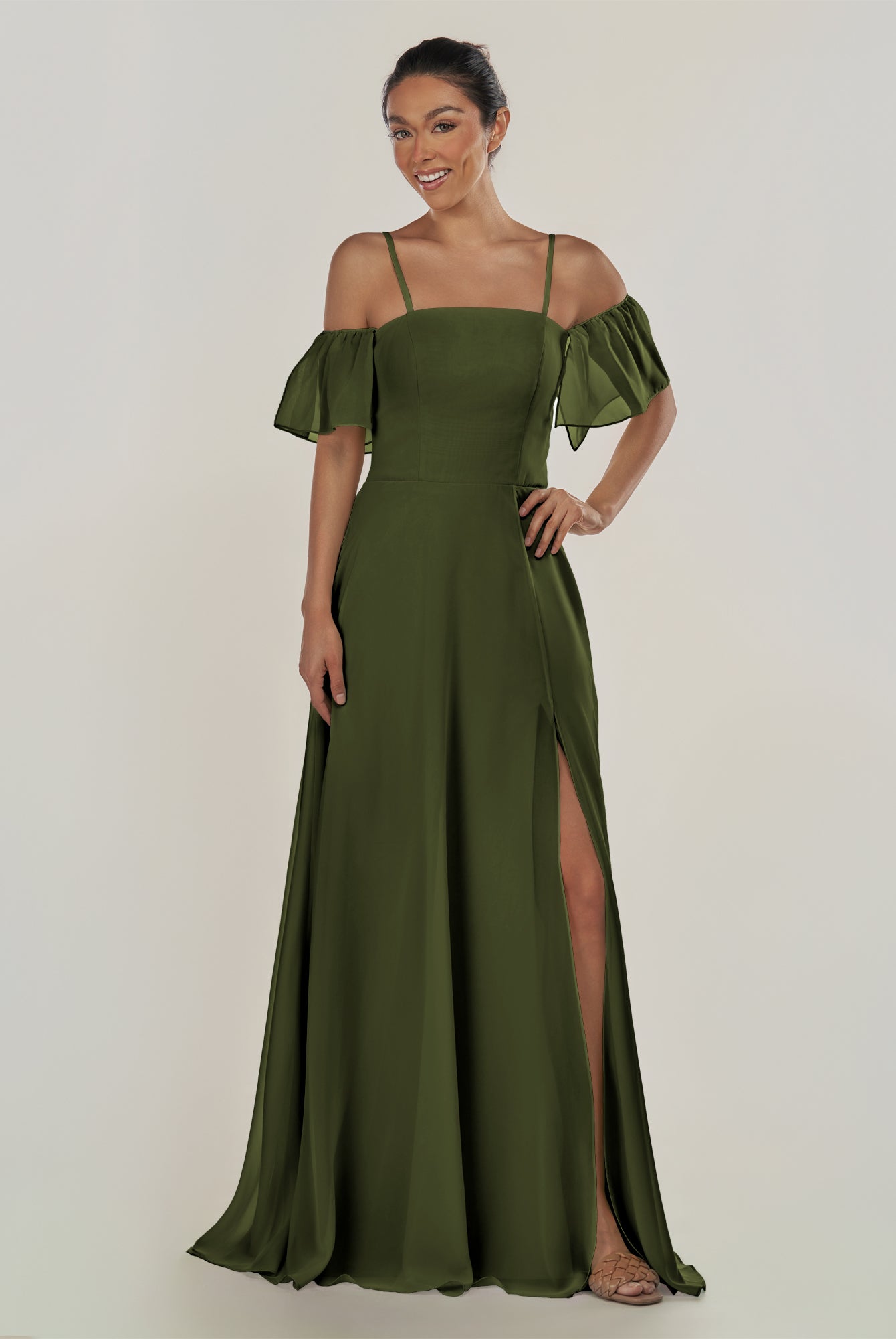 KissDress-Olia Olive A Line Chiffon Off the Shoulder Long Bridesmaid Dress with Slit