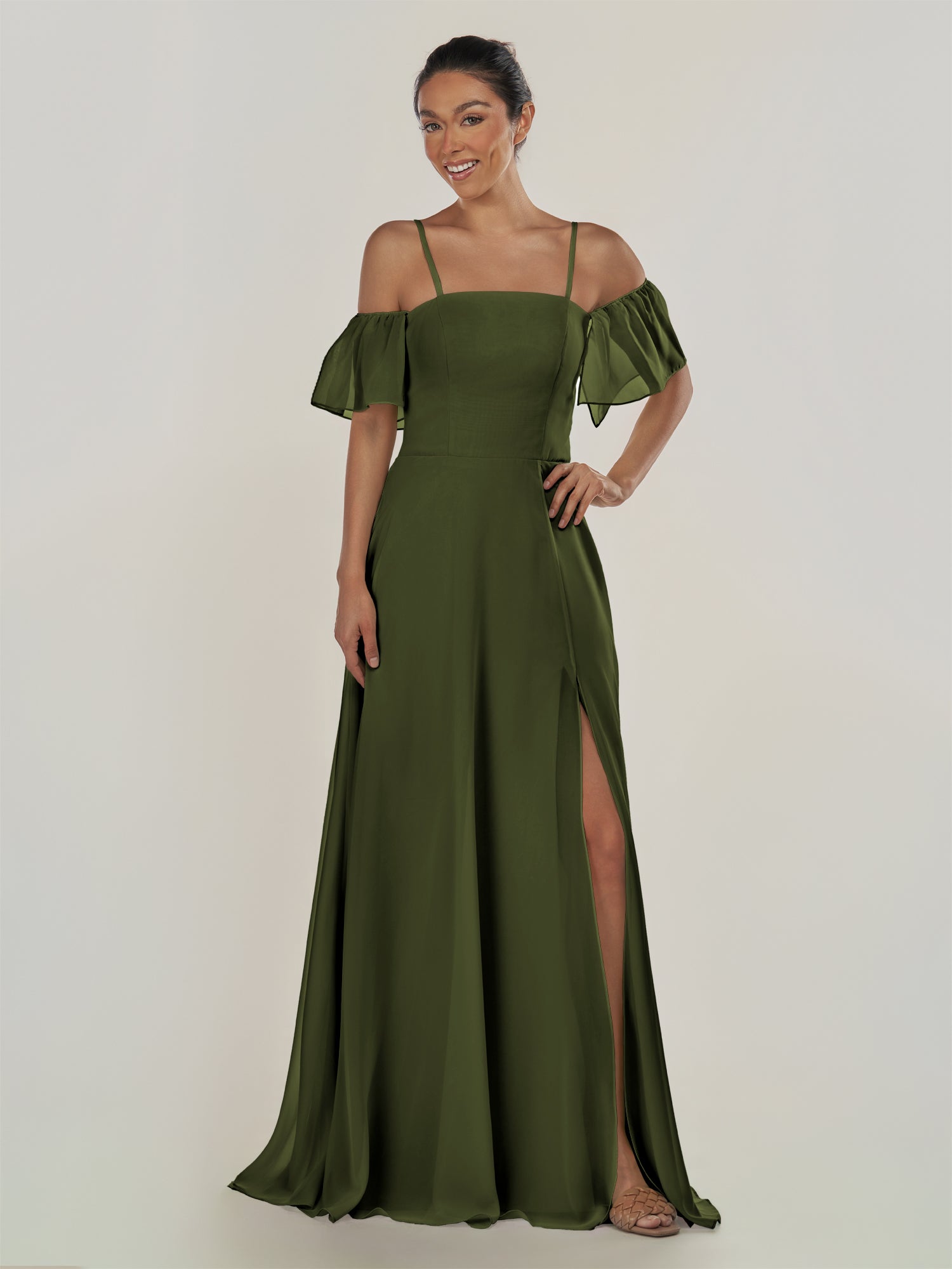 KissDress-Olia Olive A Line Chiffon Off the Shoulder Long Bridesmaid Dress with Slit