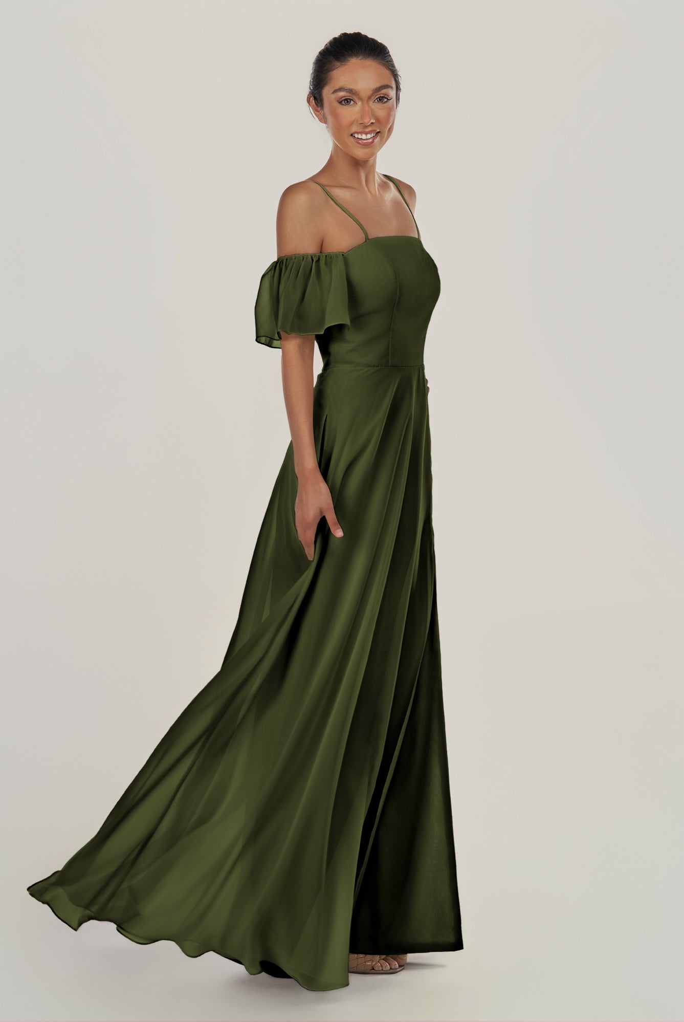 KissDress-Olia Olive A Line Chiffon Off the Shoulder Long Bridesmaid Dress with Slit