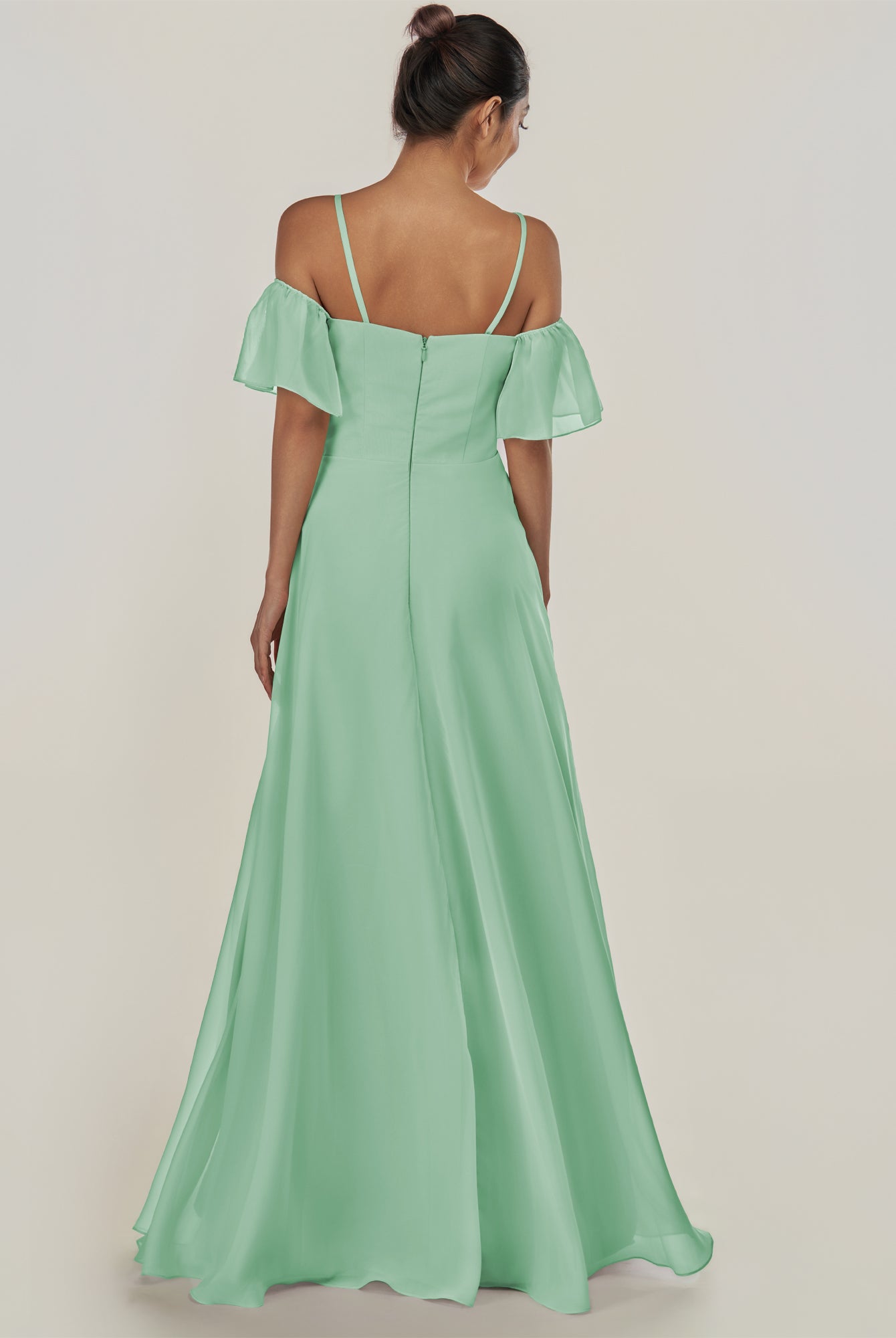 KissDress-Olia Pale Blush A Line Chiffon Off the Shoulder Long Bridesmaid Dress with Slit