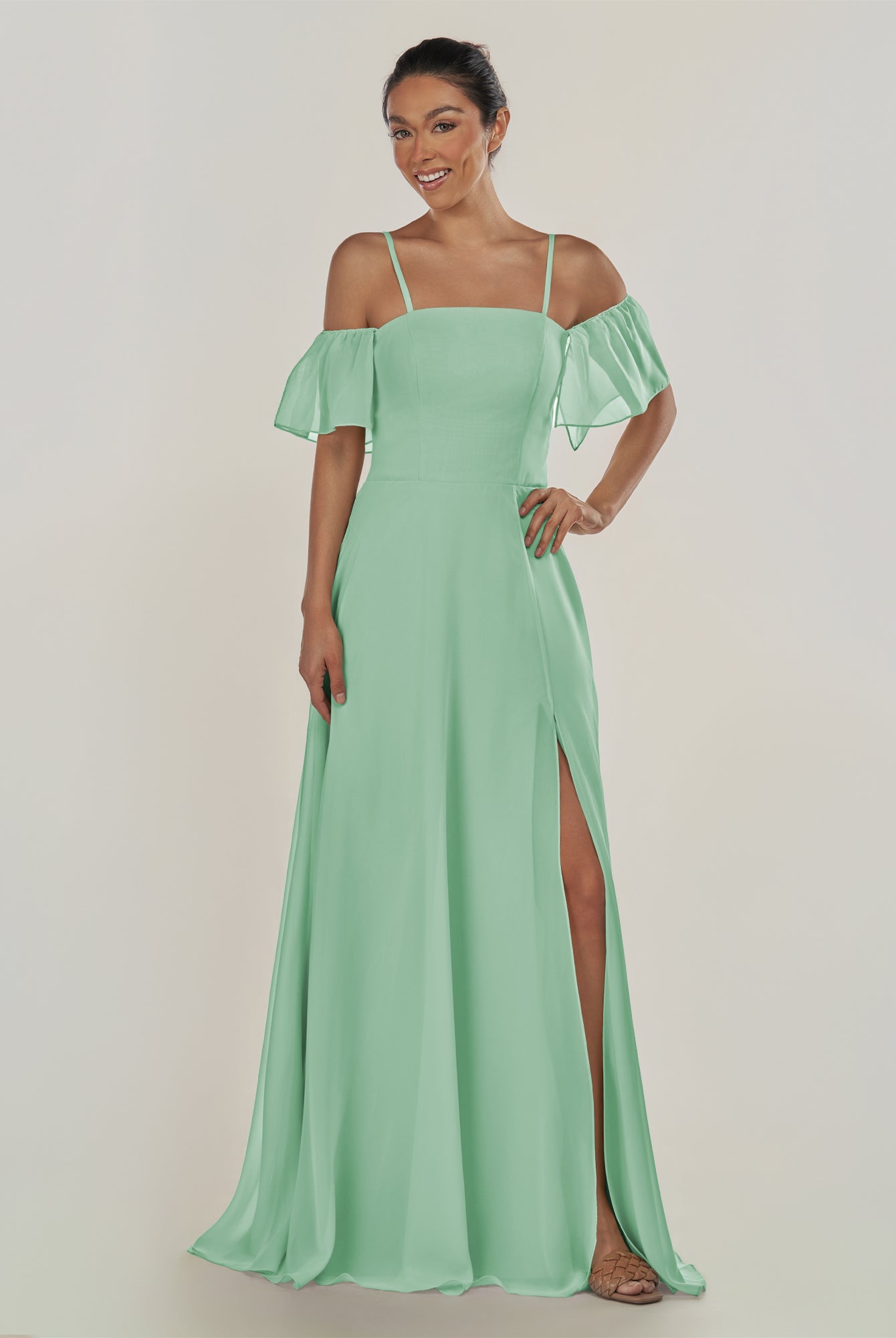 KissDress-Olia Pale Blush A Line Chiffon Off the Shoulder Long Bridesmaid Dress with Slit