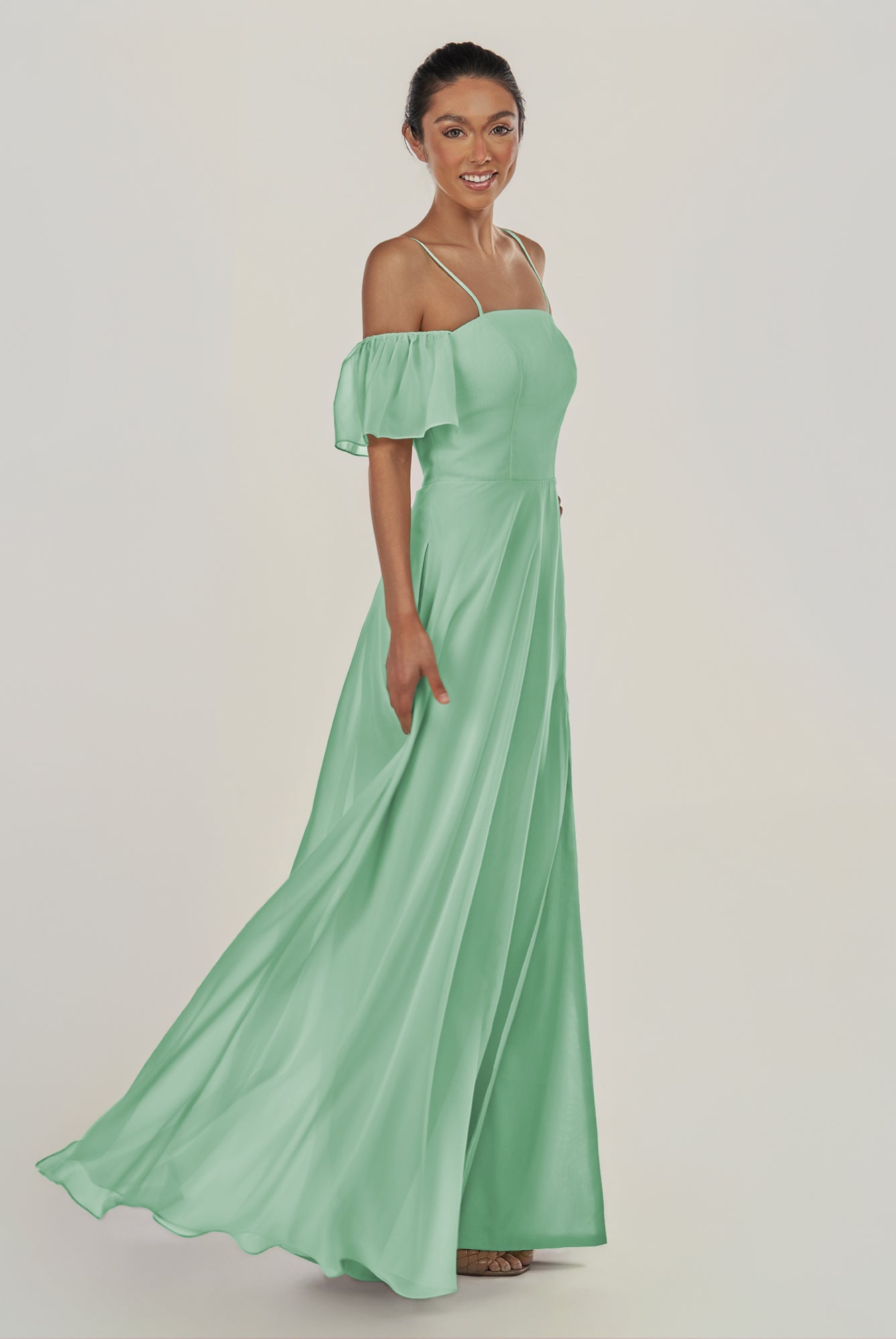 KissDress-Olia Pale Blush A Line Chiffon Off the Shoulder Long Bridesmaid Dress with Slit