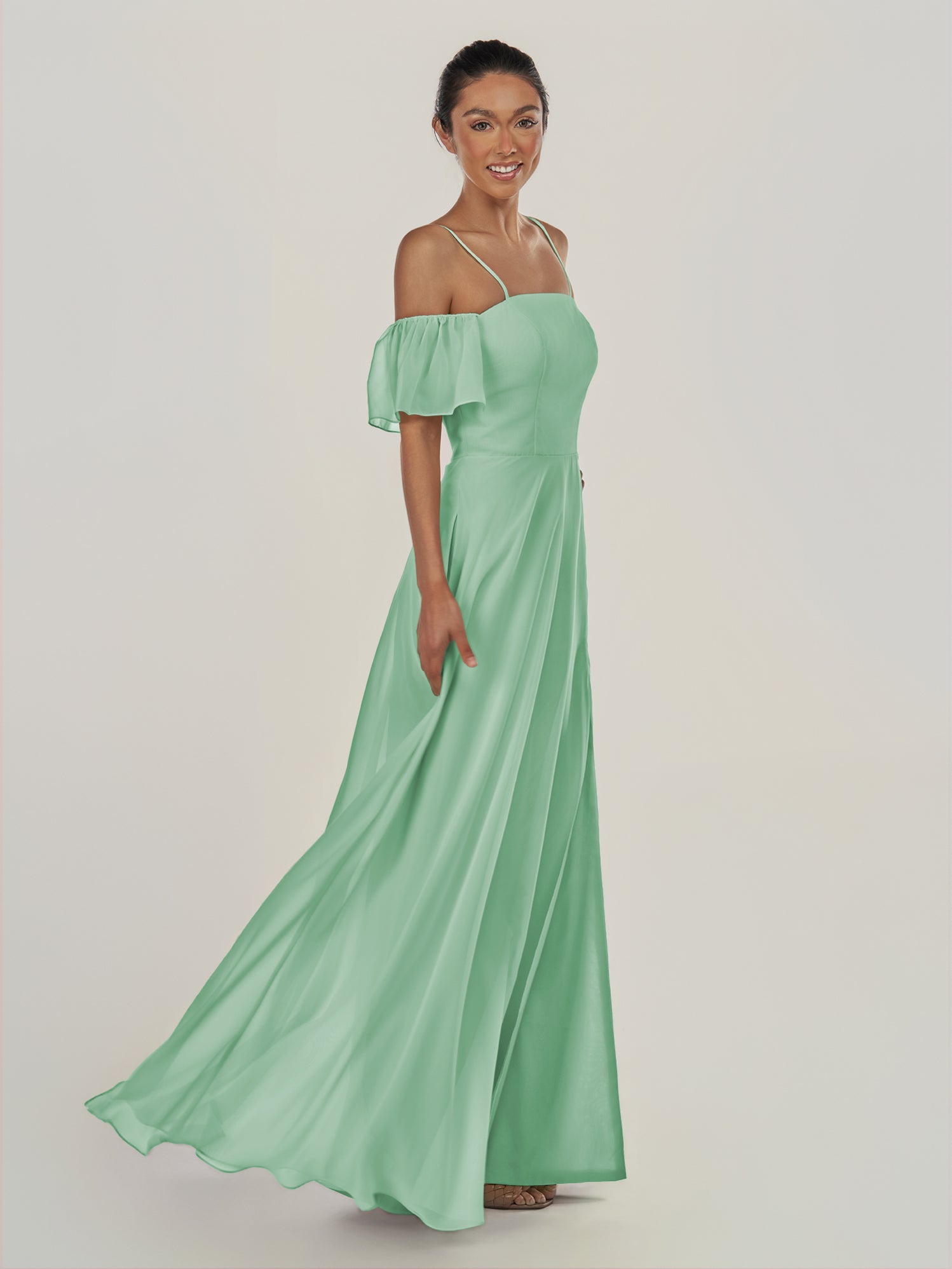 KissDress-Olia Pale Blush A Line Chiffon Off the Shoulder Long Bridesmaid Dress with Slit