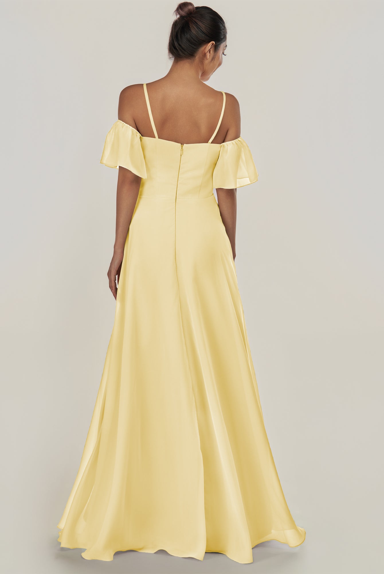 KissDress-Olia Pastel Yellow A Line Chiffon Off the Shoulder Long Bridesmaid Dress with Slit