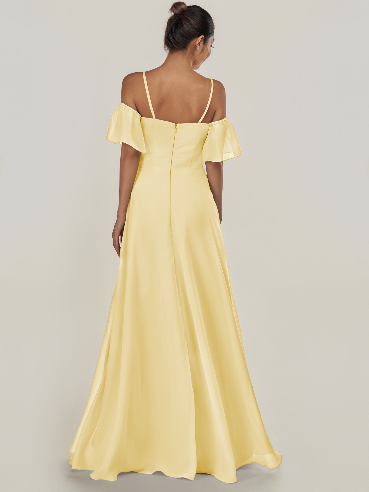 KissDress-Olia Pastel Yellow A Line Chiffon Off the Shoulder Long Bridesmaid Dress with Slit