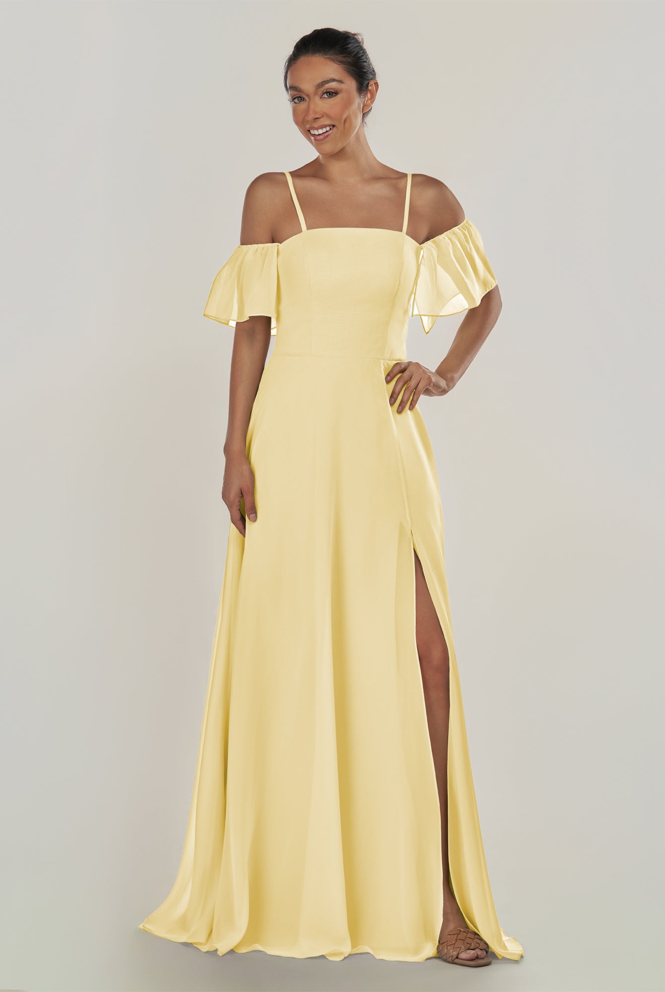 KissDress-Olia Pastel Yellow A Line Chiffon Off the Shoulder Long Bridesmaid Dress with Slit