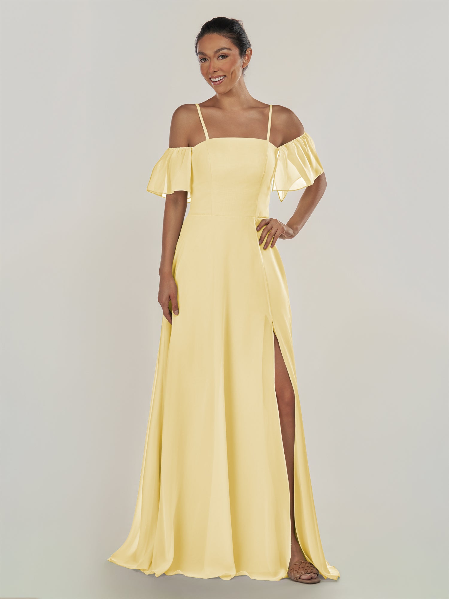 KissDress-Olia Pastel Yellow A Line Chiffon Off the Shoulder Long Bridesmaid Dress with Slit