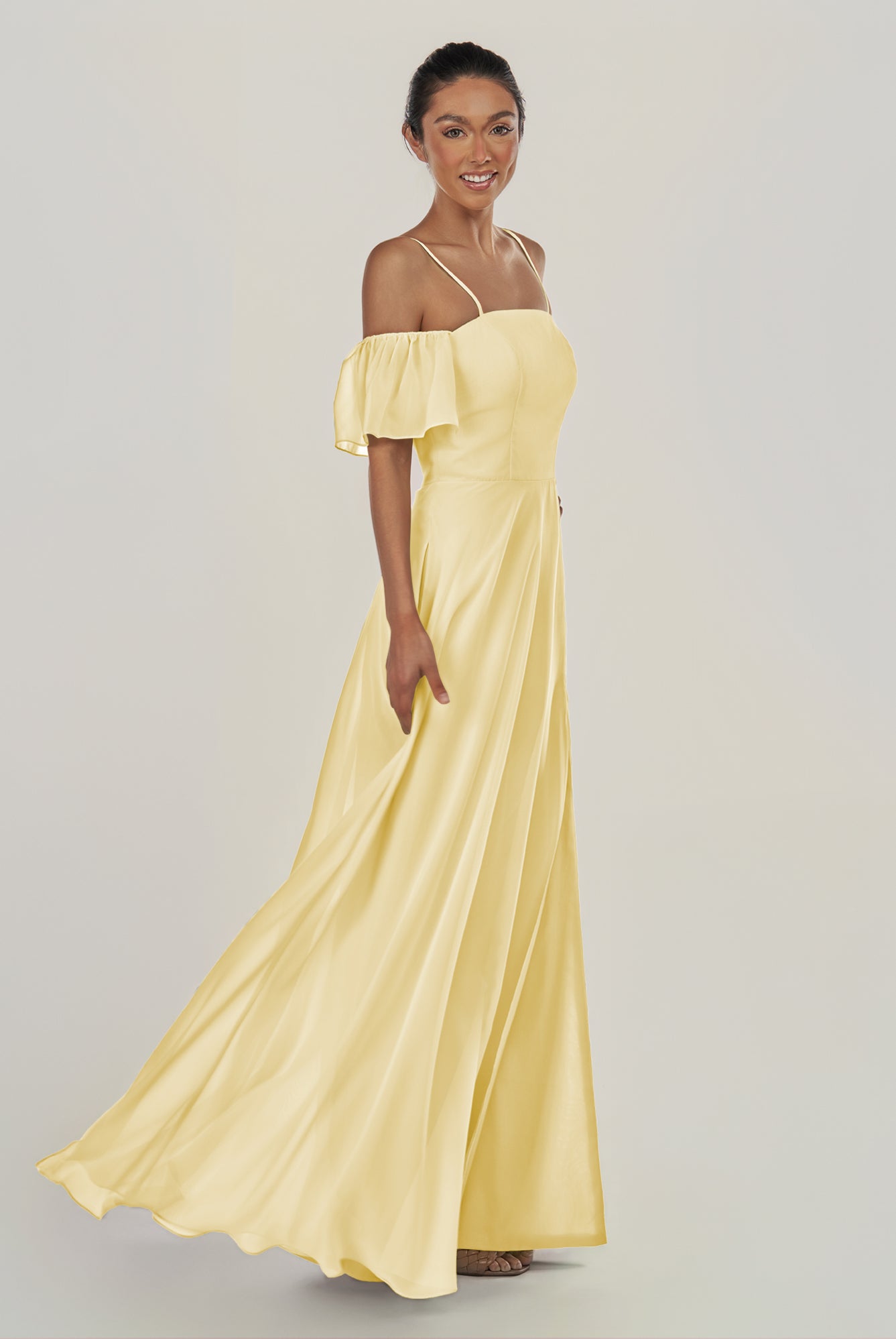 KissDress-Olia Pastel Yellow A Line Chiffon Off the Shoulder Long Bridesmaid Dress with Slit