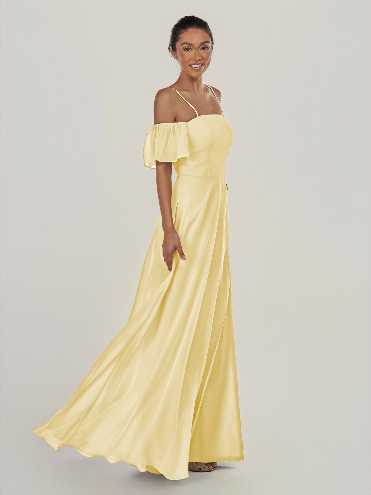 KissDress-Olia Pastel Yellow A Line Chiffon Off the Shoulder Long Bridesmaid Dress with Slit