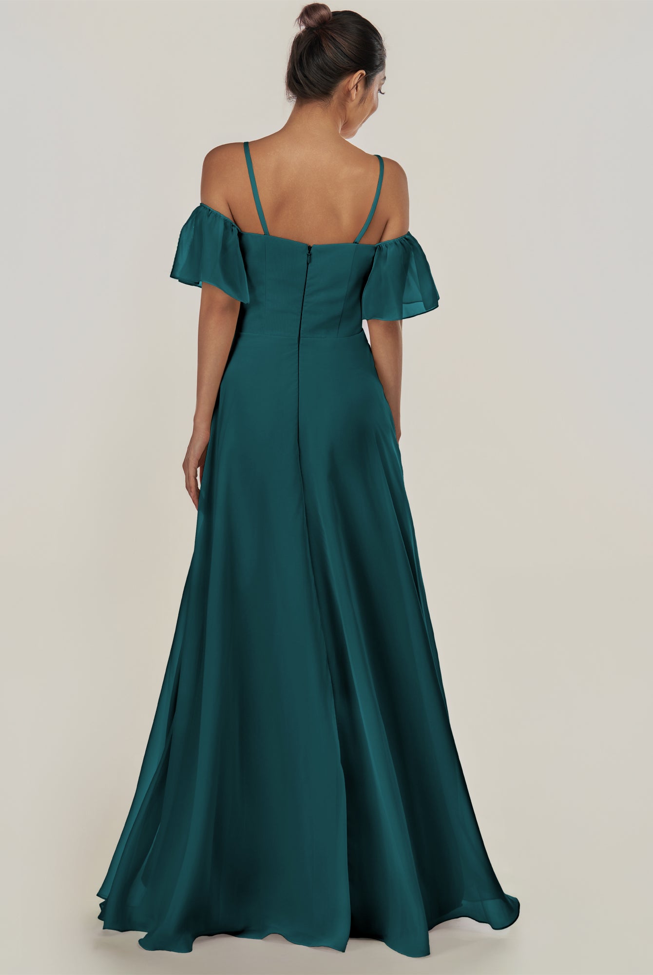 KissDress-Olia Pine A Line Chiffon Off the Shoulder Long Bridesmaid Dress with Slit