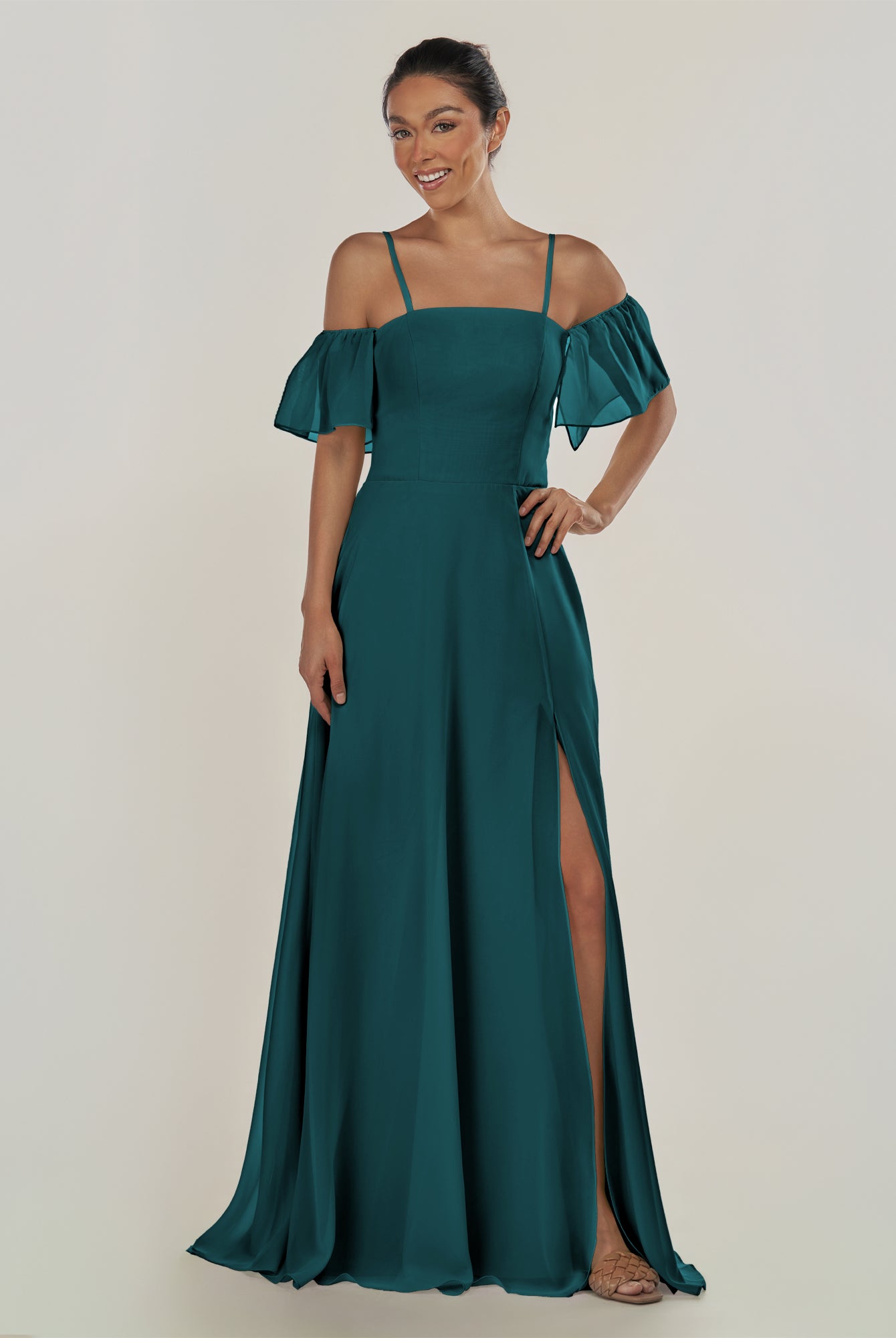 KissDress-Olia Pine A Line Chiffon Off the Shoulder Long Bridesmaid Dress with Slit