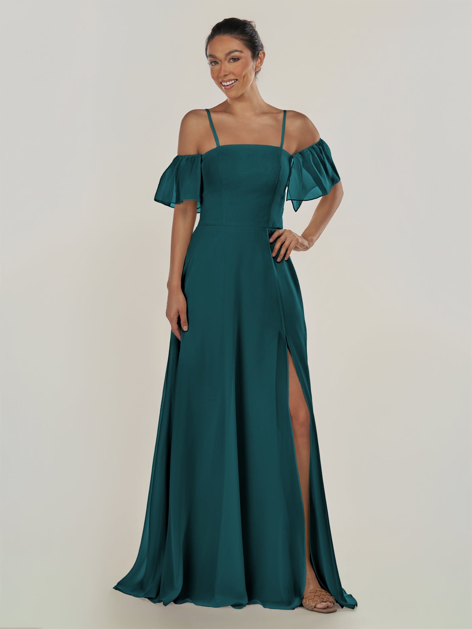 KissDress-Olia Pine A Line Chiffon Off the Shoulder Long Bridesmaid Dress with Slit