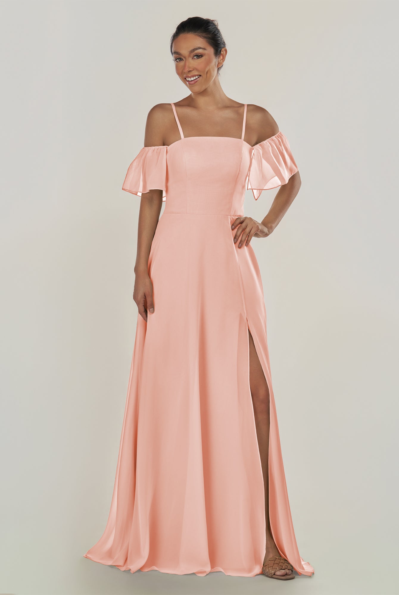 KissDress-Olia Rose Petal A Line Chiffon Off the Shoulder Long Bridesmaid Dress with Slit