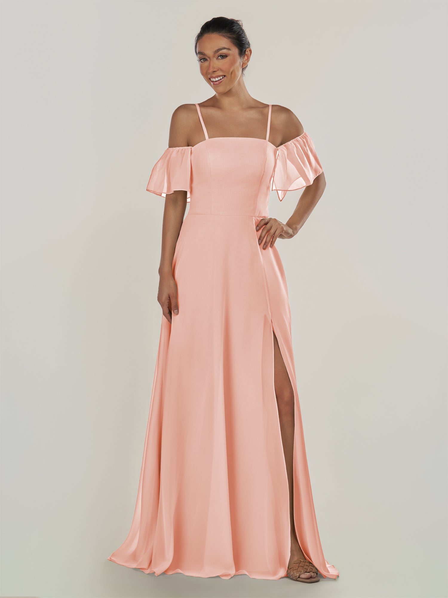 KissDress-Olia Rose Petal A Line Chiffon Off the Shoulder Long Bridesmaid Dress with Slit