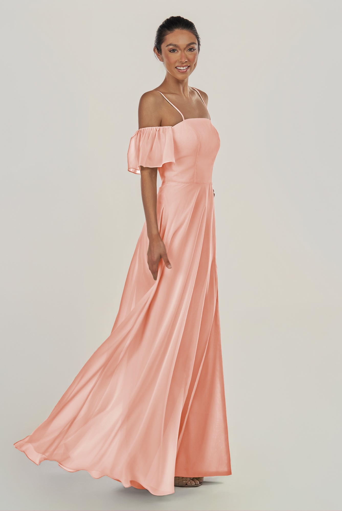 KissDress-Olia Rose Petal A Line Chiffon Off the Shoulder Long Bridesmaid Dress with Slit