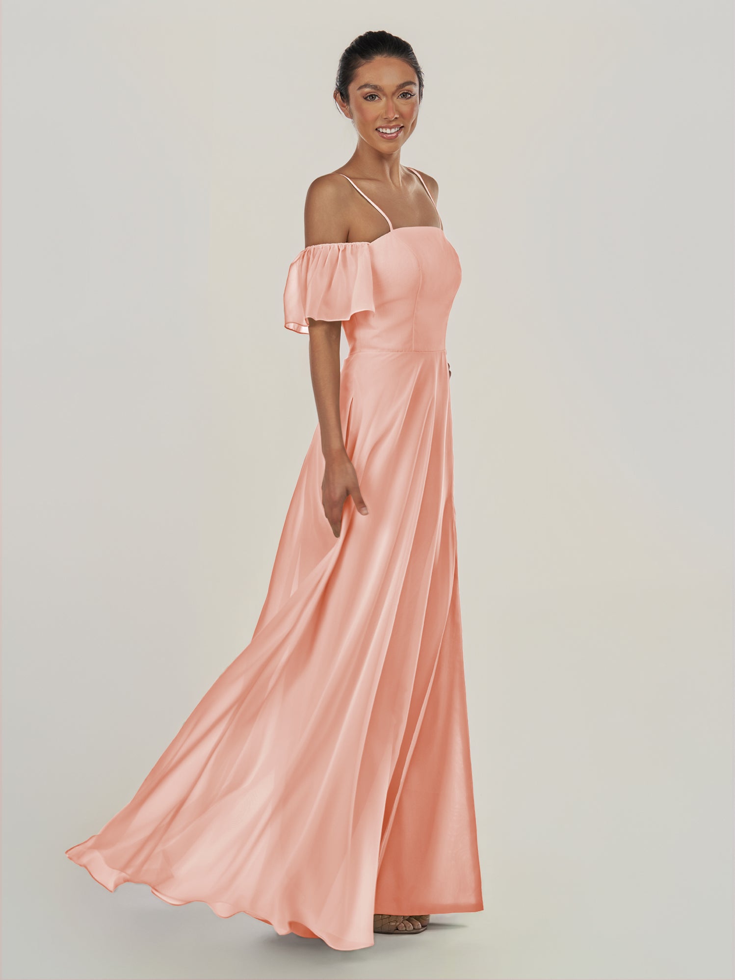 KissDress-Olia Rose Petal A Line Chiffon Off the Shoulder Long Bridesmaid Dress with Slit