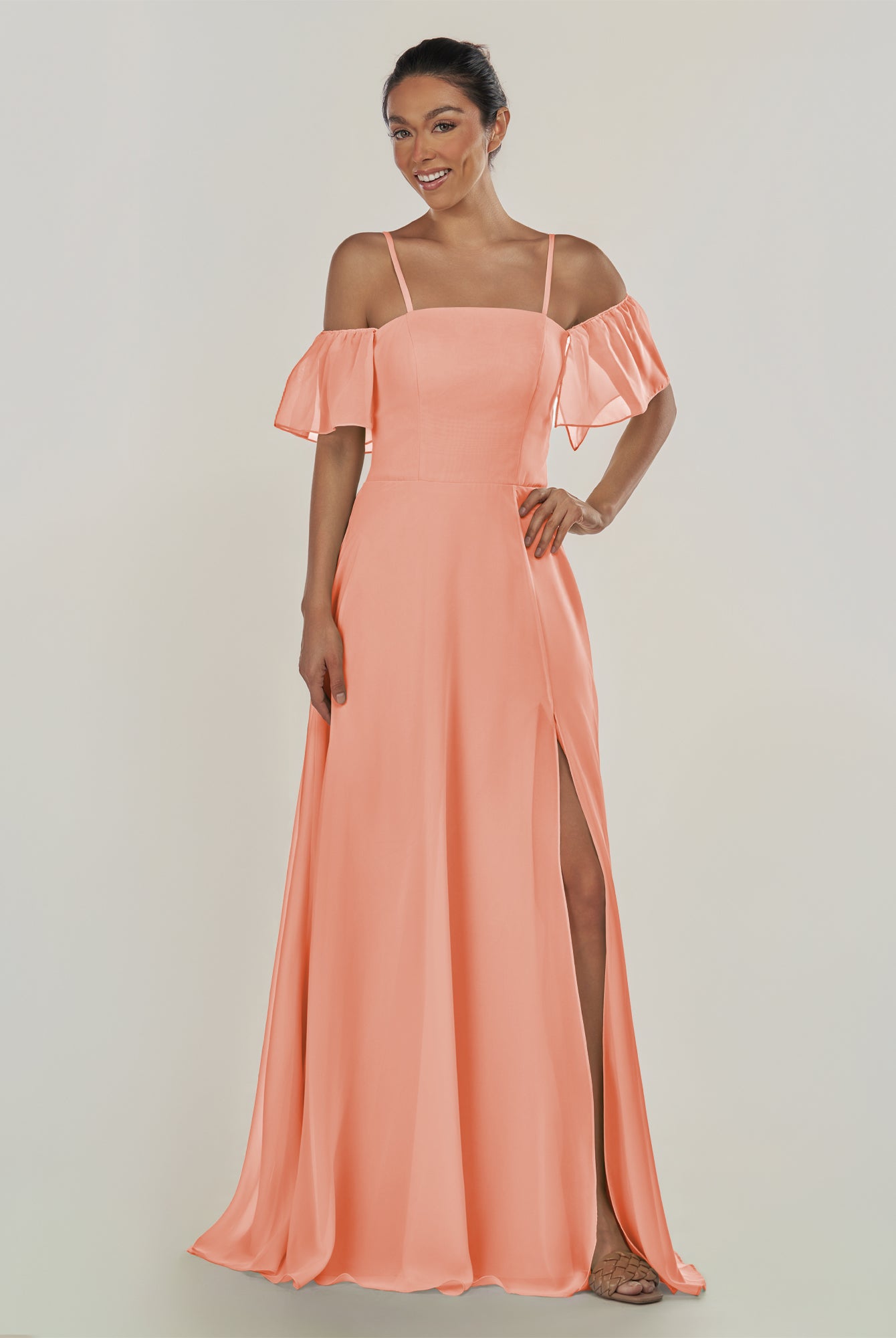 KissDress-Olia Rosette A Line Chiffon Off the Shoulder Long Bridesmaid Dress with Slit