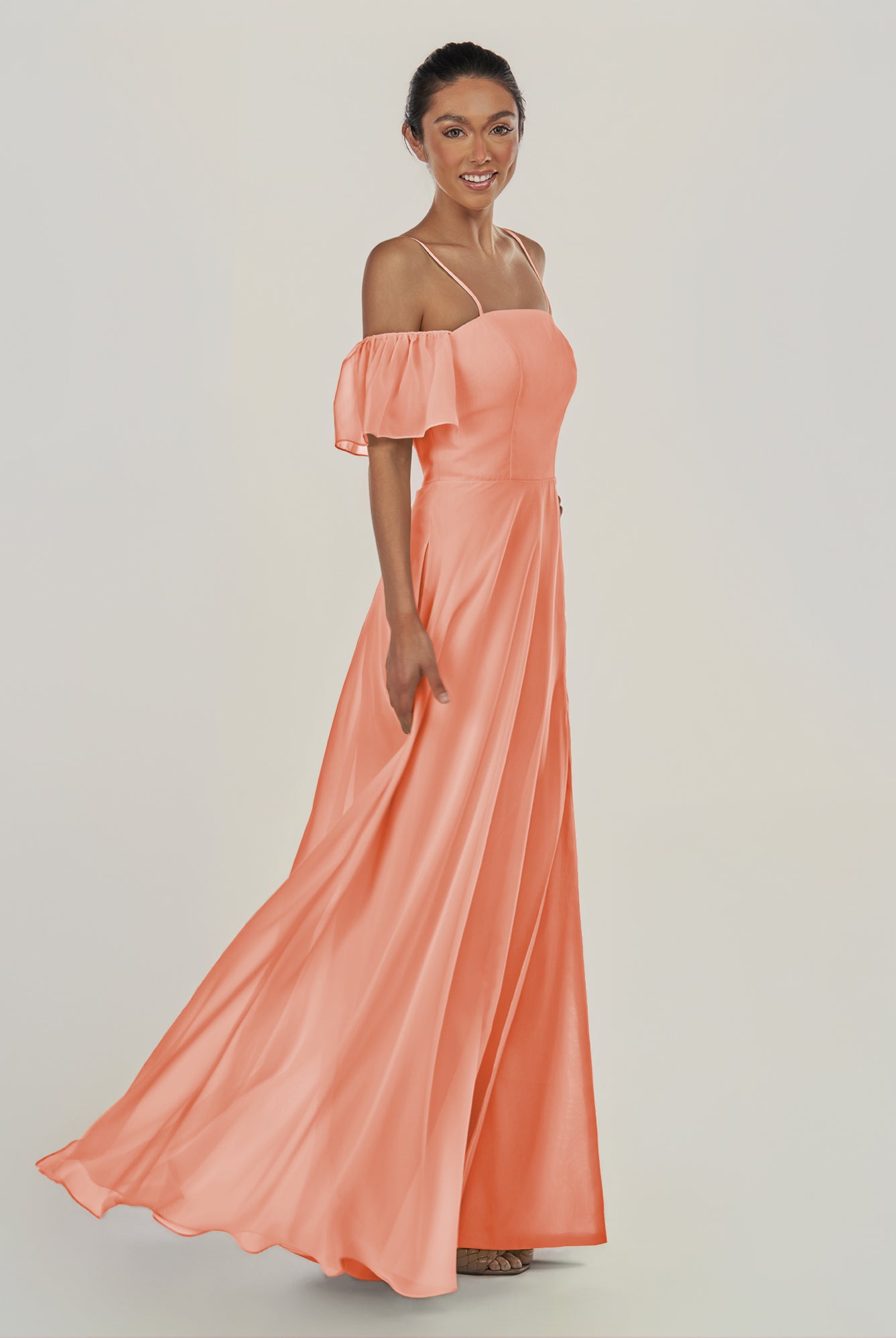 KissDress-Olia Rosette A Line Chiffon Off the Shoulder Long Bridesmaid Dress with Slit