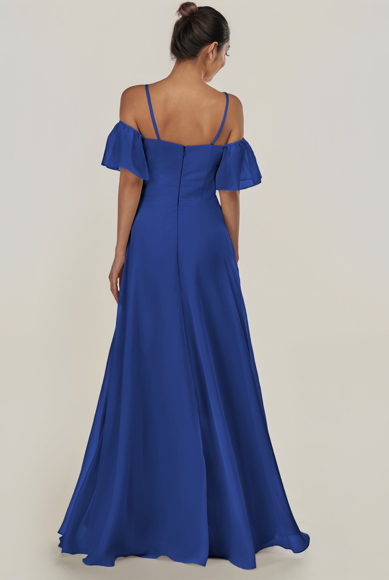 KissDress-Olia Royal Blue A Line Chiffon Off the Shoulder Long Bridesmaid Dress with Slit