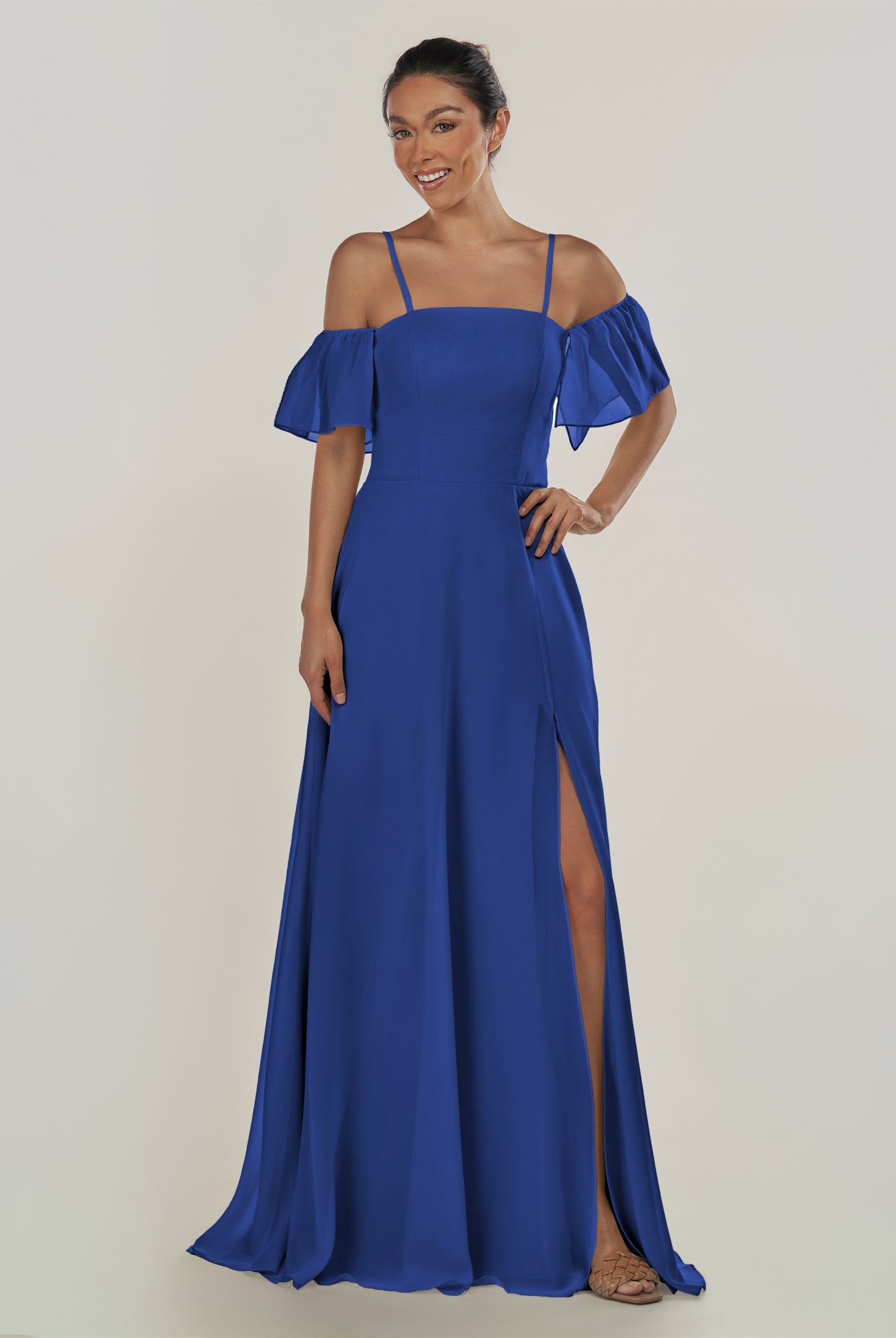 KissDress-Olia Royal Blue A Line Chiffon Off the Shoulder Long Bridesmaid Dress with Slit