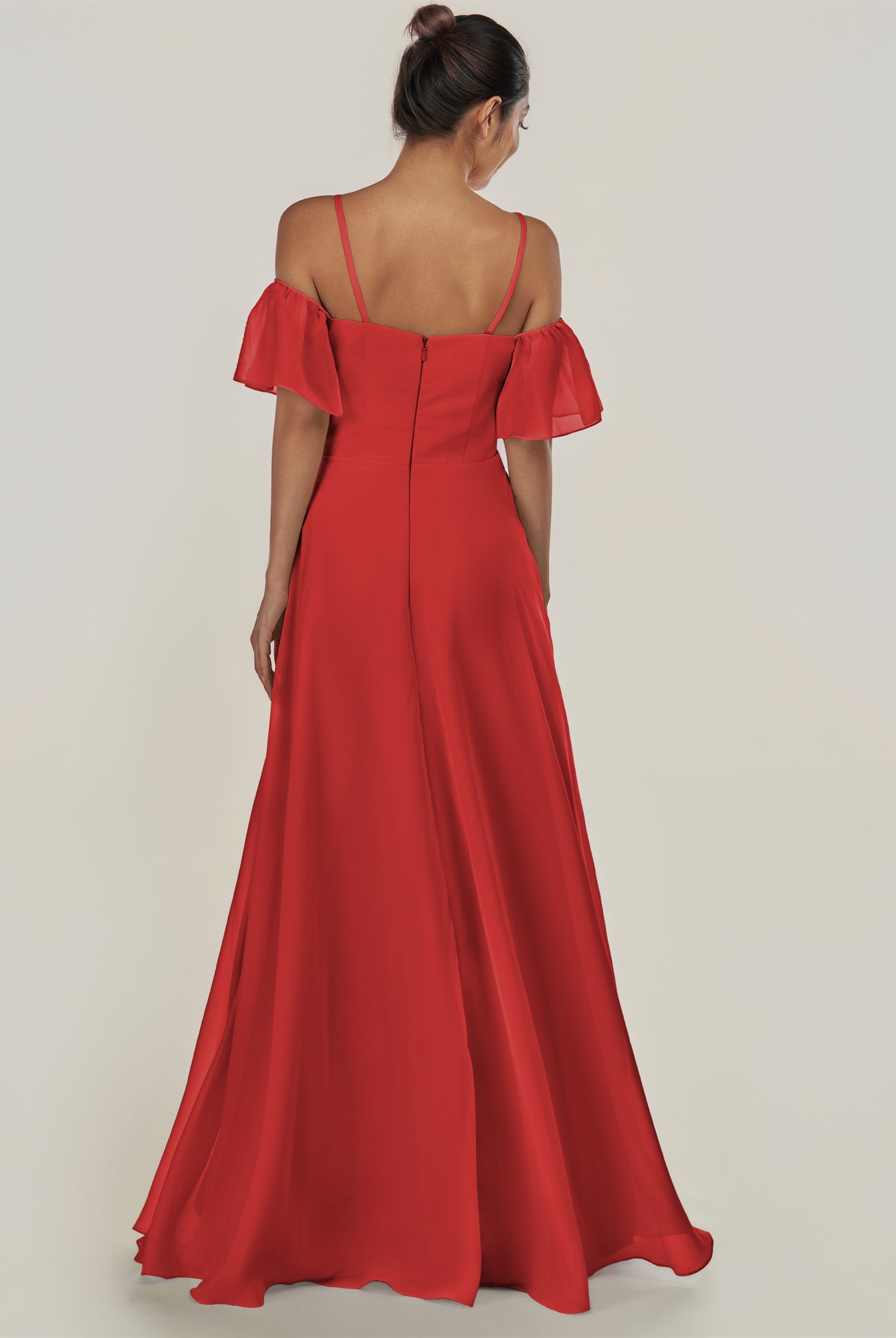 KissDress-Olia Ruby Red A Line Chiffon Off the Shoulder Long Bridesmaid Dress with Slit