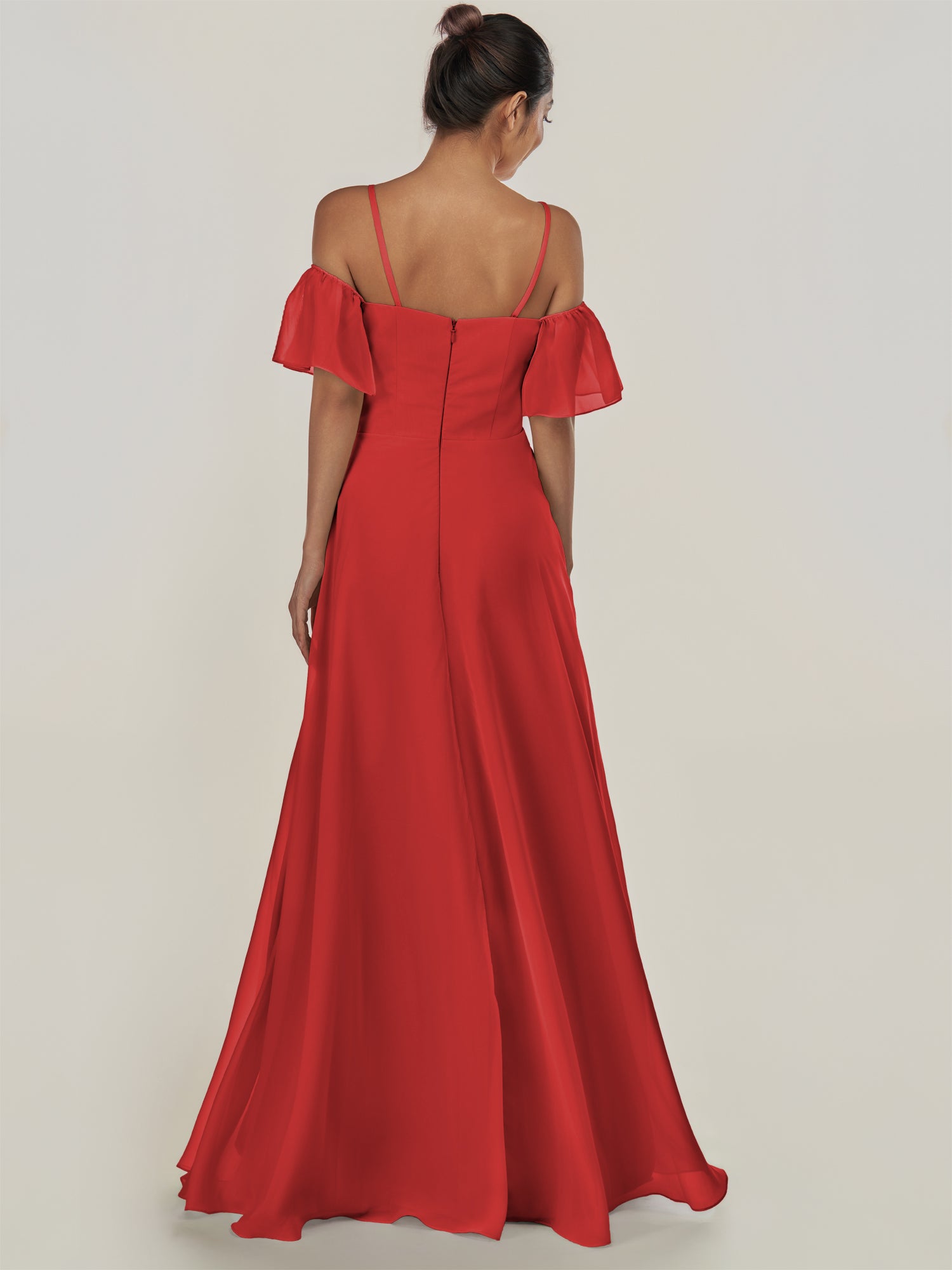 KissDress-Olia Ruby Red A Line Chiffon Off the Shoulder Long Bridesmaid Dress with Slit