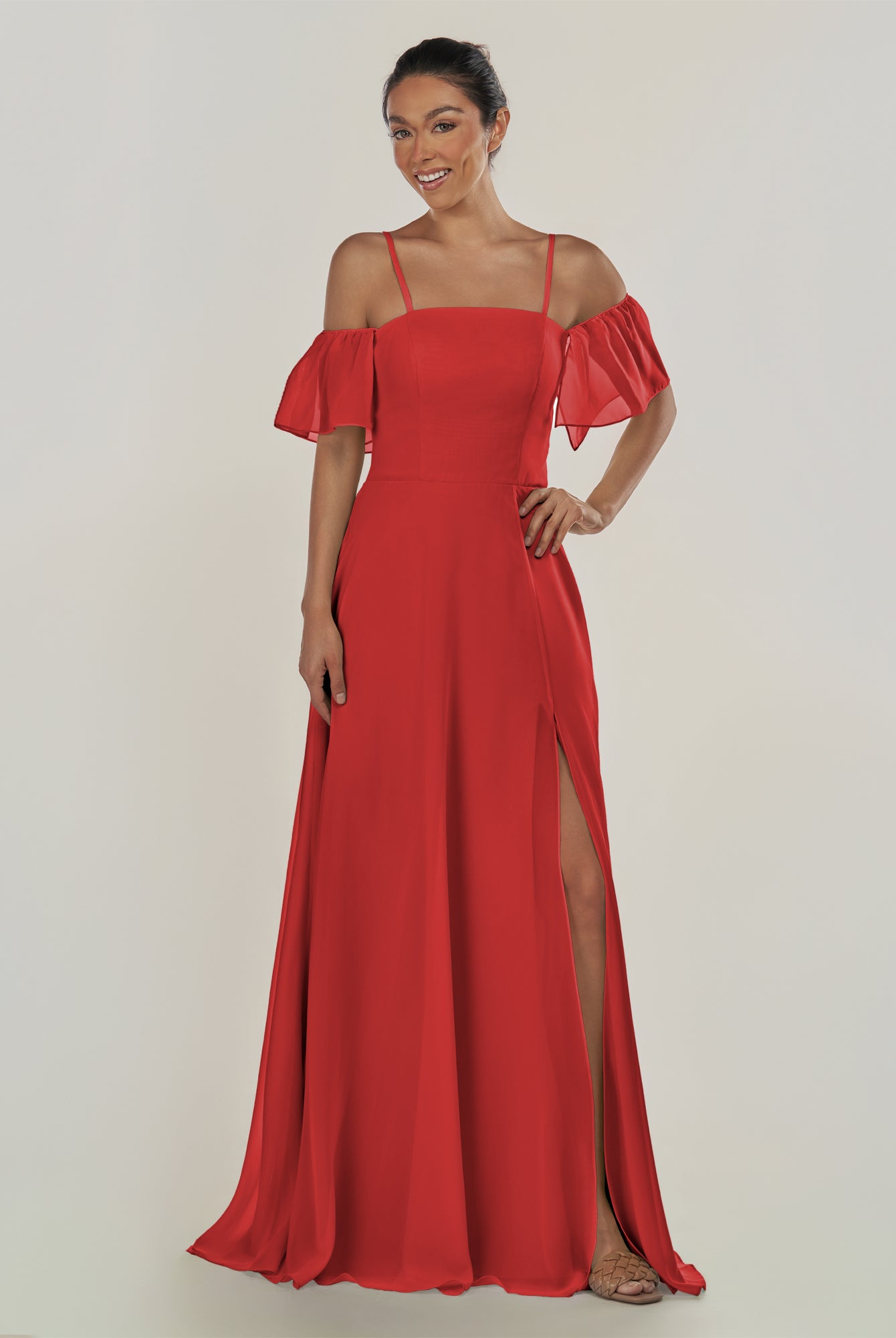 KissDress-Olia Ruby Red A Line Chiffon Off the Shoulder Long Bridesmaid Dress with Slit