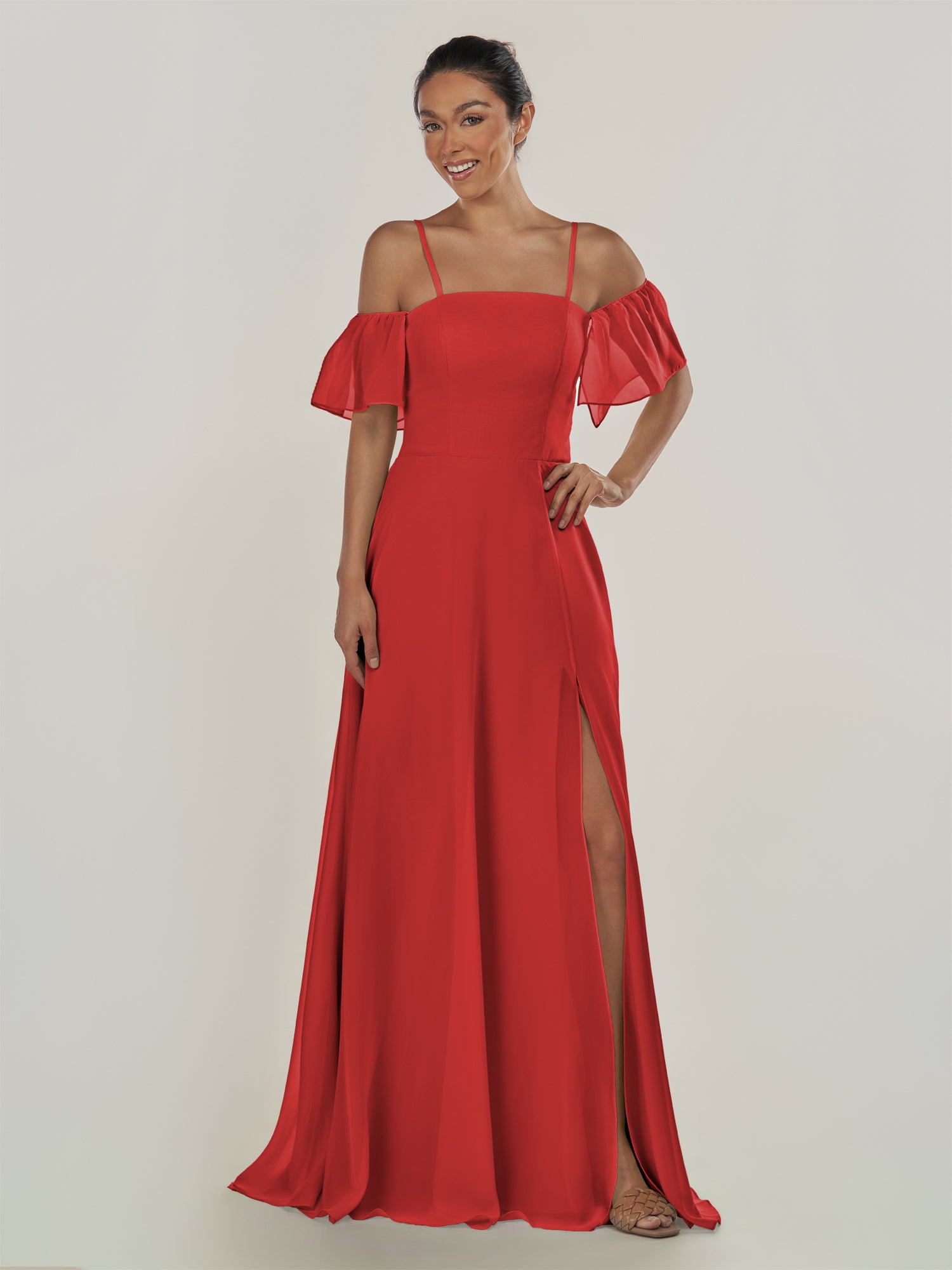 KissDress-Olia Ruby Red A Line Chiffon Off the Shoulder Long Bridesmaid Dress with Slit