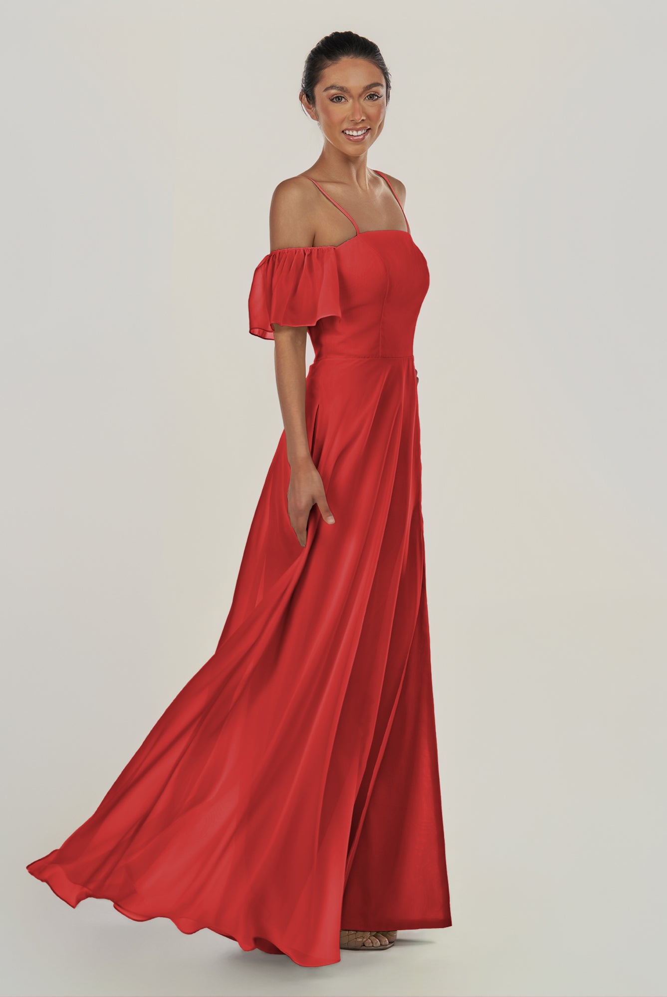 KissDress-Olia Ruby Red A Line Chiffon Off the Shoulder Long Bridesmaid Dress with Slit