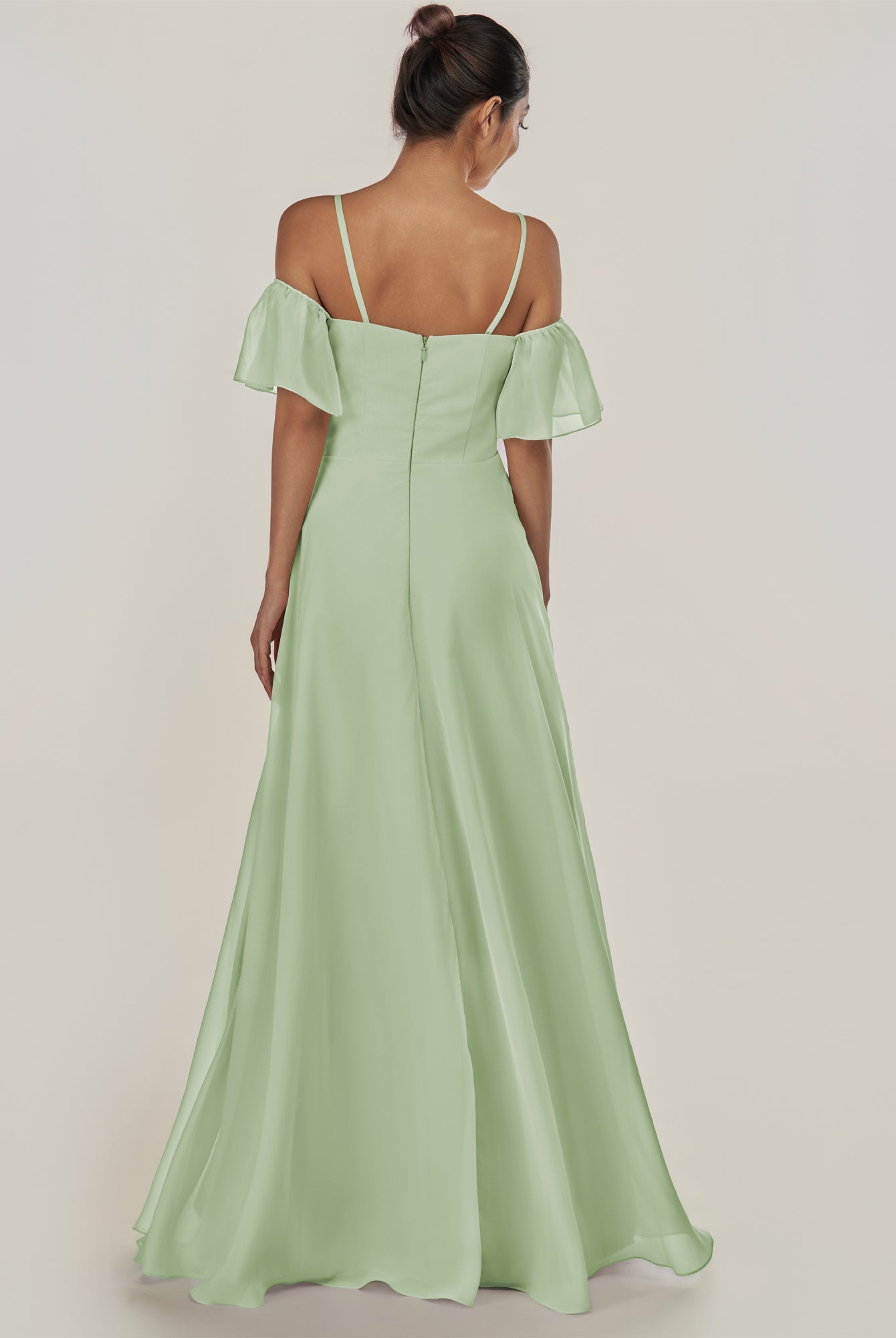 KissDress-Olia Sage A Line Chiffon Off the Shoulder Long Bridesmaid Dress with Slit