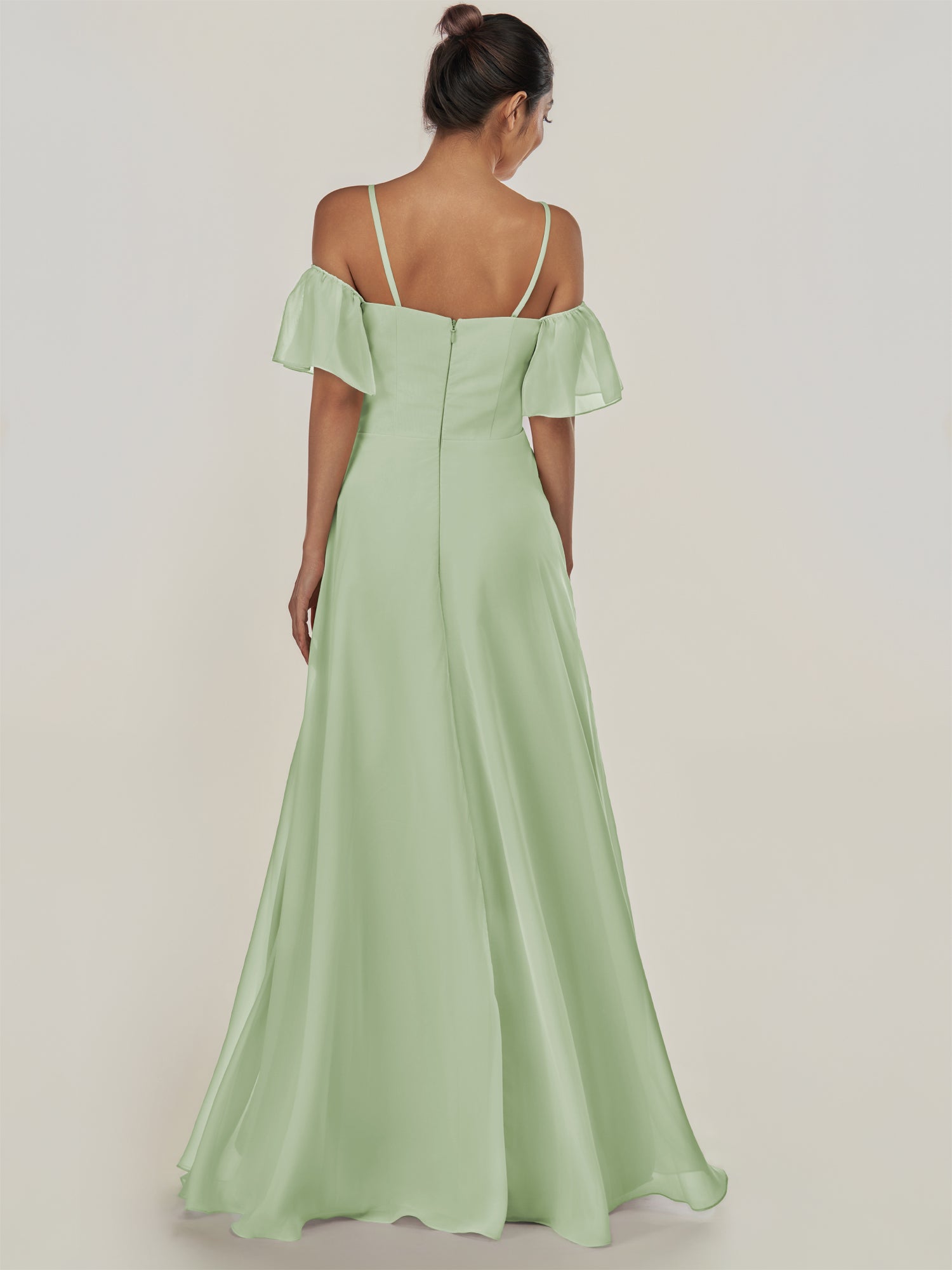 KissDress-Olia Sage A Line Chiffon Off the Shoulder Long Bridesmaid Dress with Slit
