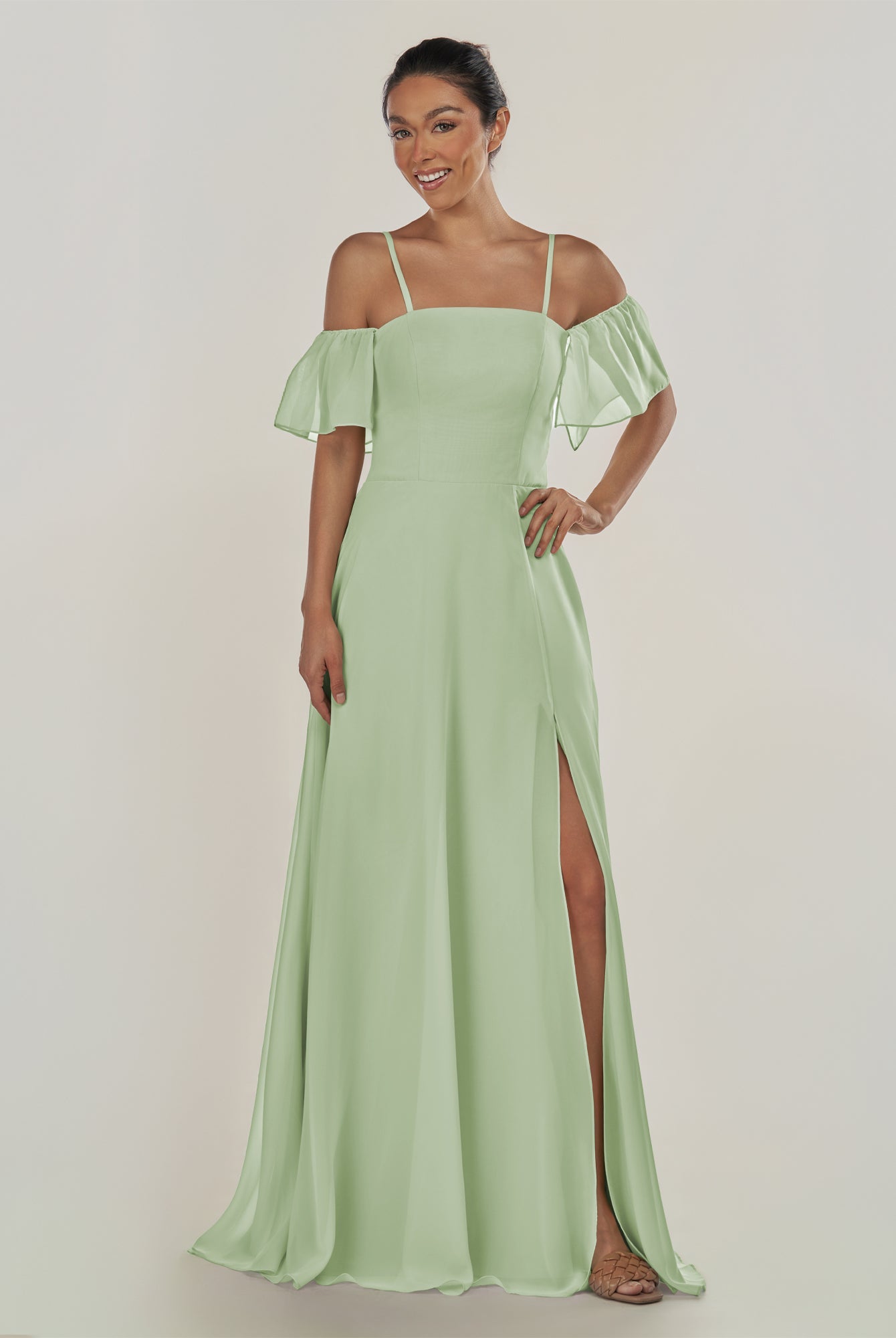 KissDress-Olia Sage A Line Chiffon Off the Shoulder Long Bridesmaid Dress with Slit