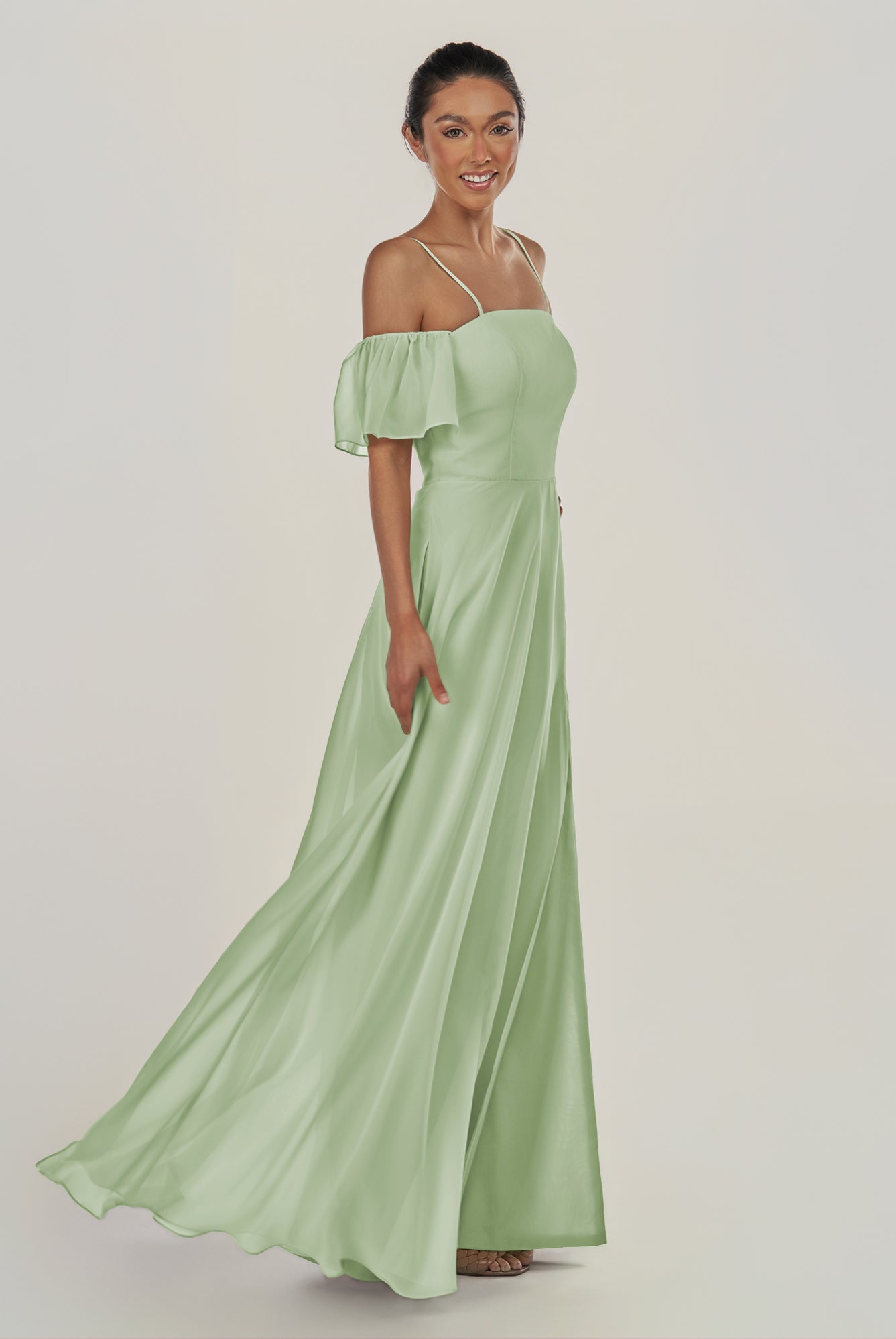 KissDress-Olia Sage A Line Chiffon Off the Shoulder Long Bridesmaid Dress with Slit