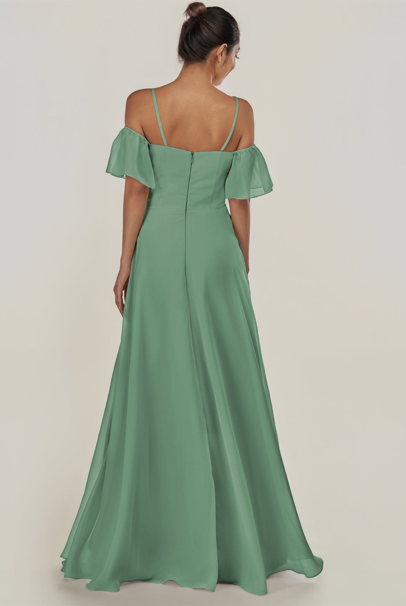 KissDress-Olia Sea Glass A Line Chiffon Off the Shoulder Long Bridesmaid Dress with Slit