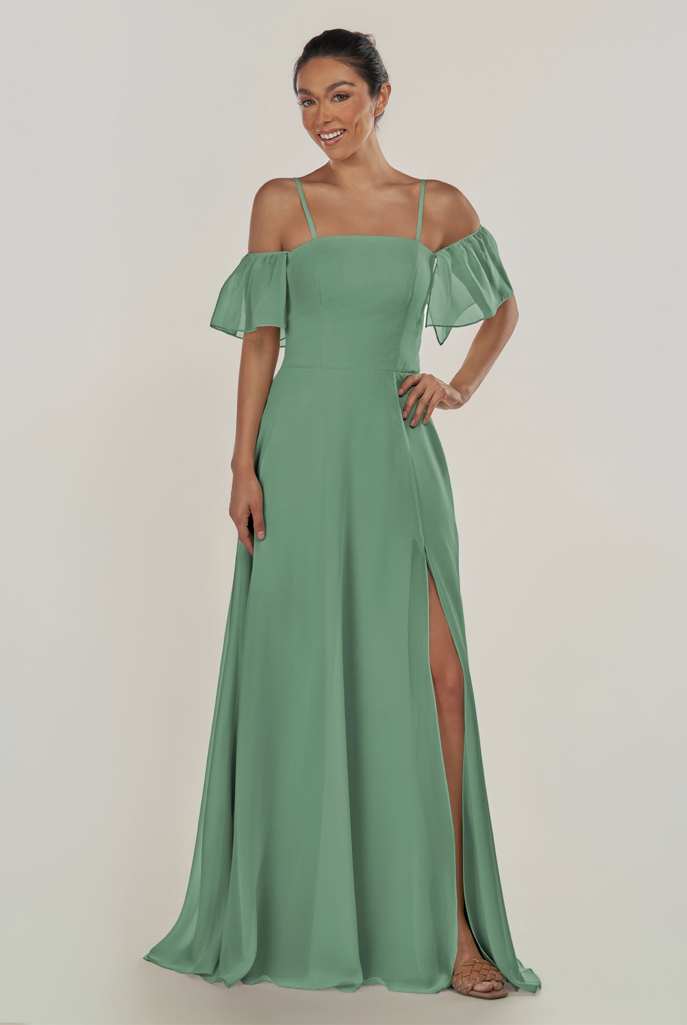 KissDress-Olia Sea Glass A Line Chiffon Off the Shoulder Long Bridesmaid Dress with Slit