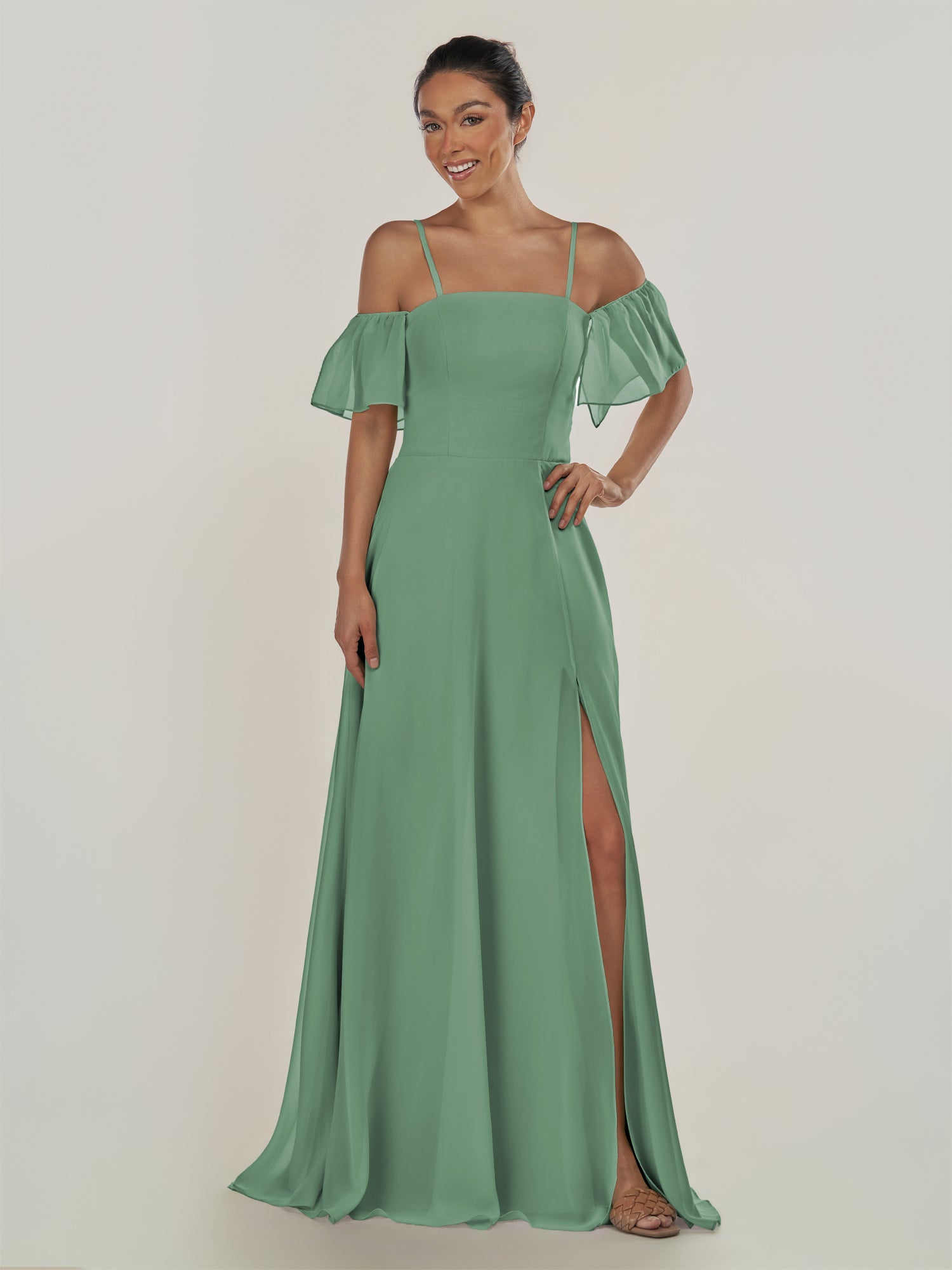 KissDress-Olia Sea Glass A Line Chiffon Off the Shoulder Long Bridesmaid Dress with Slit