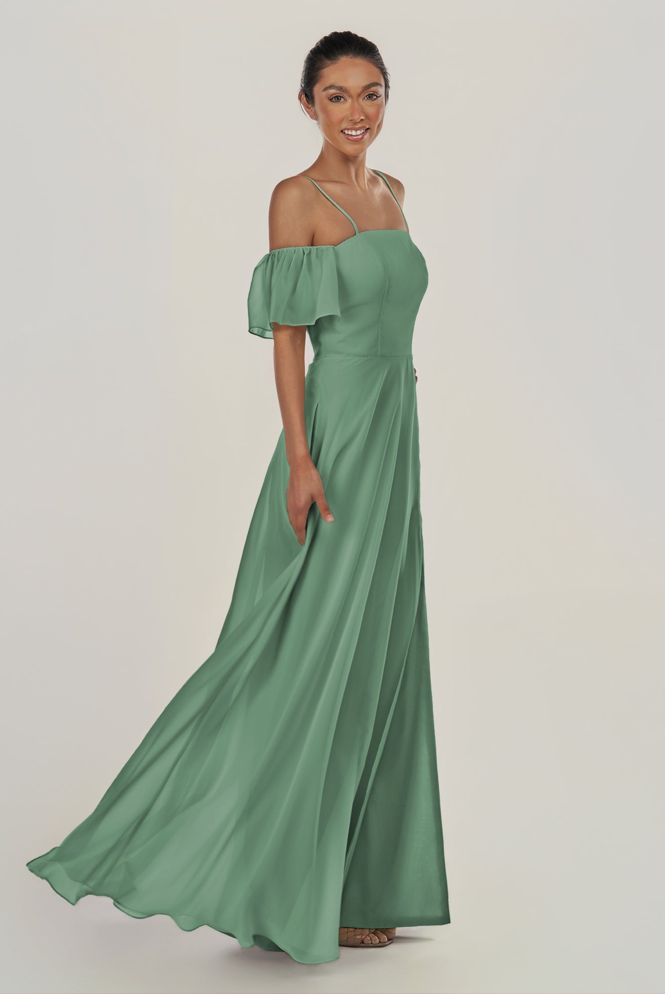 KissDress-Olia Sea Glass A Line Chiffon Off the Shoulder Long Bridesmaid Dress with Slit