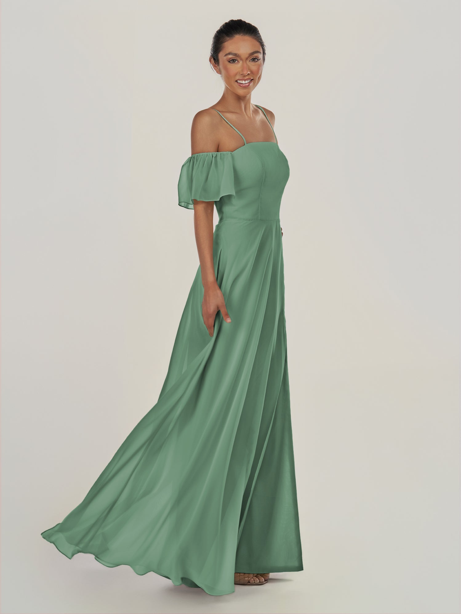 KissDress-Olia Sea Glass A Line Chiffon Off the Shoulder Long Bridesmaid Dress with Slit