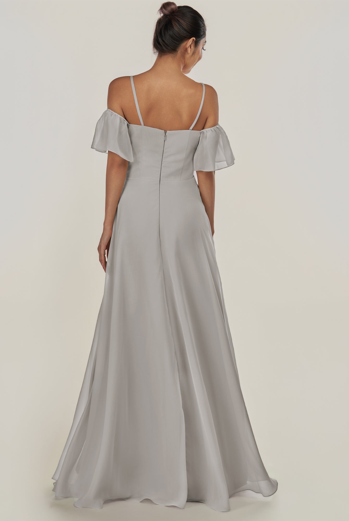 KissDress-Olia Silver A Line Chiffon Off the Shoulder Long Bridesmaid Dress with Slit