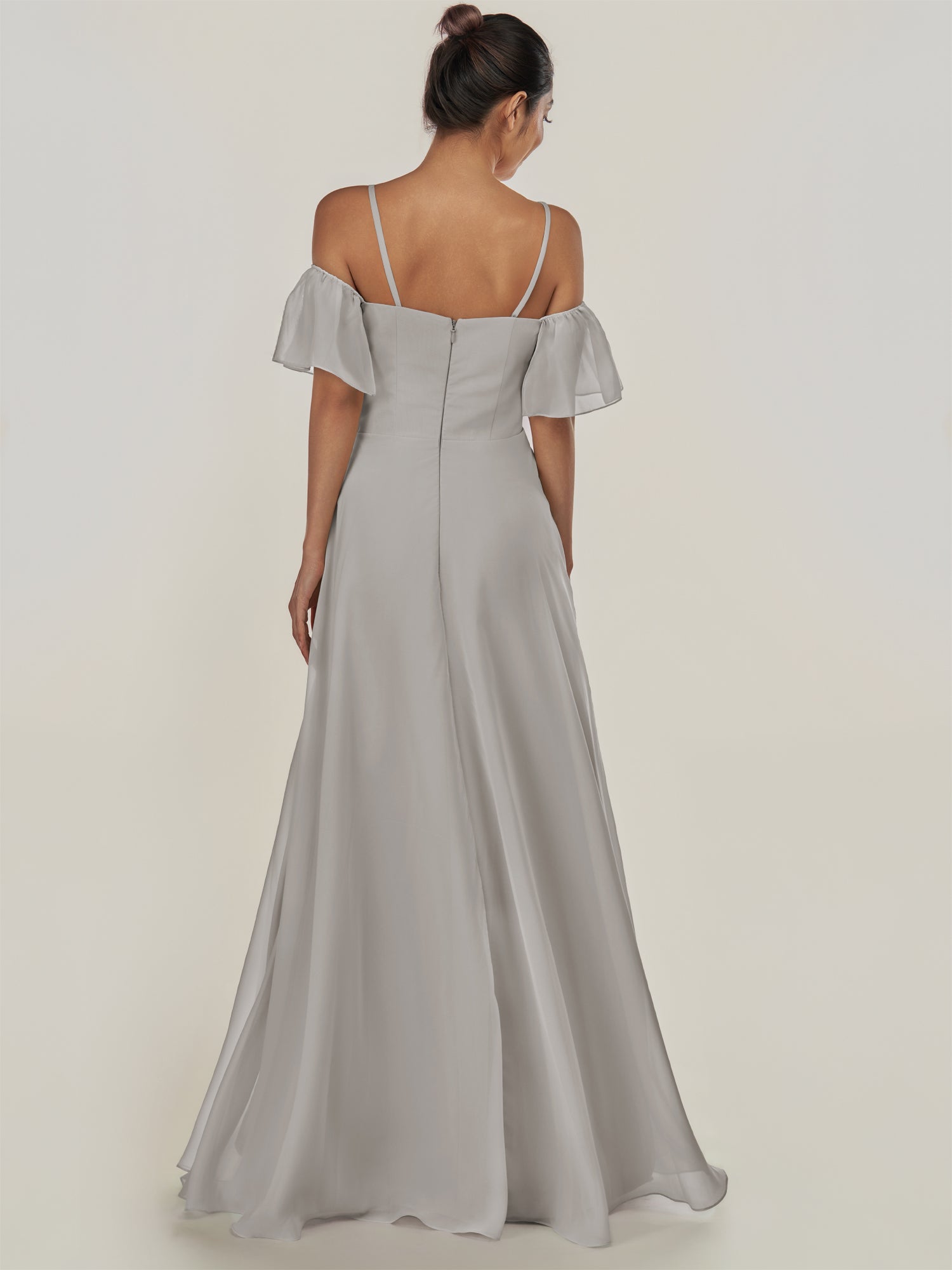 KissDress-Olia Silver A Line Chiffon Off the Shoulder Long Bridesmaid Dress with Slit