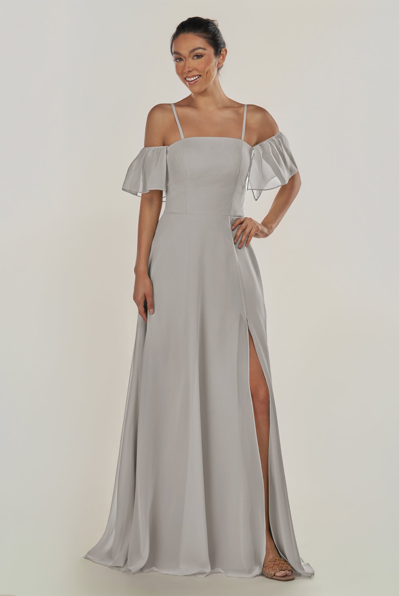 KissDress-Olia Silver A Line Chiffon Off the Shoulder Long Bridesmaid Dress with Slit