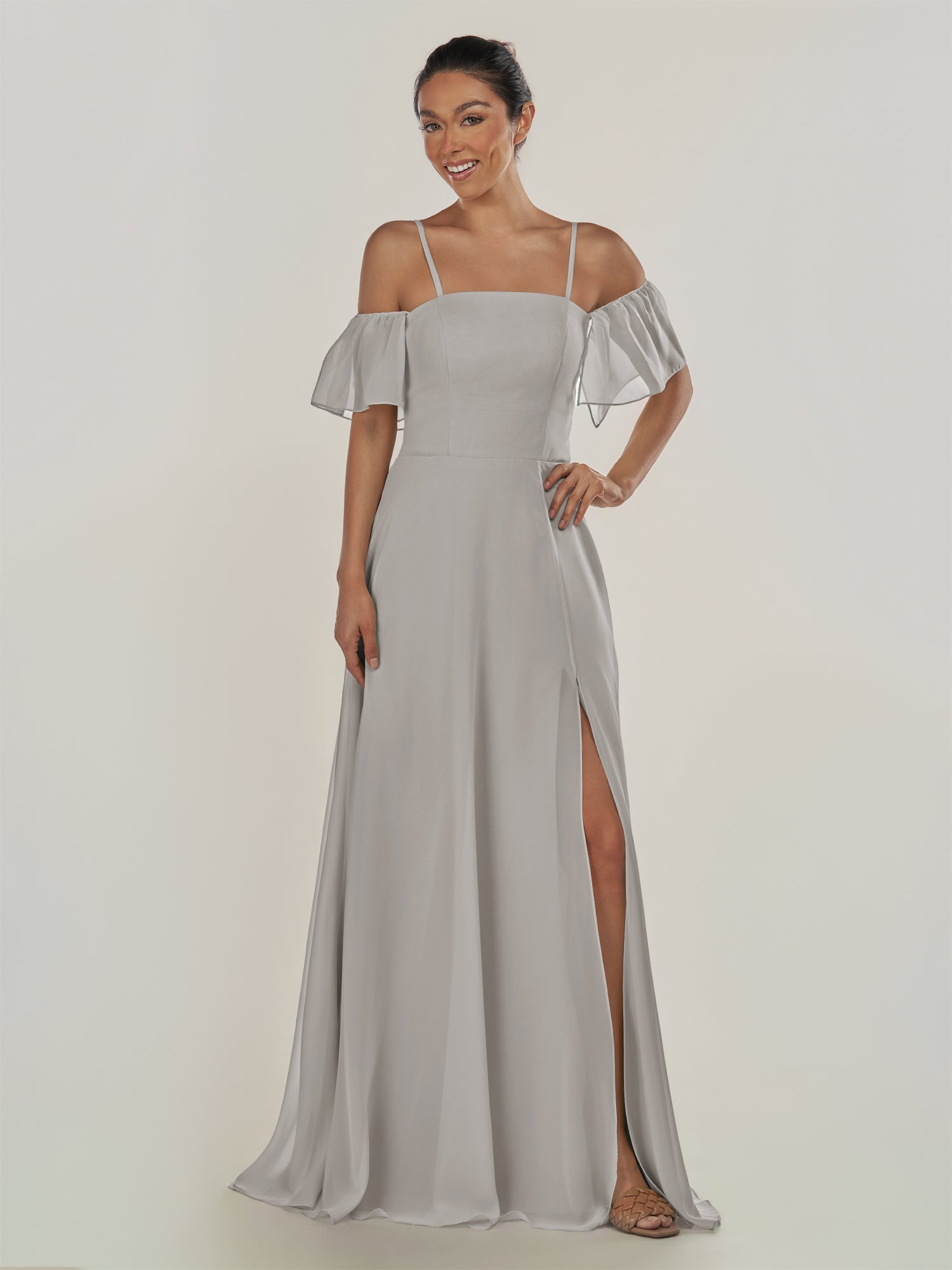 KissDress-Olia Silver A Line Chiffon Off the Shoulder Long Bridesmaid Dress with Slit