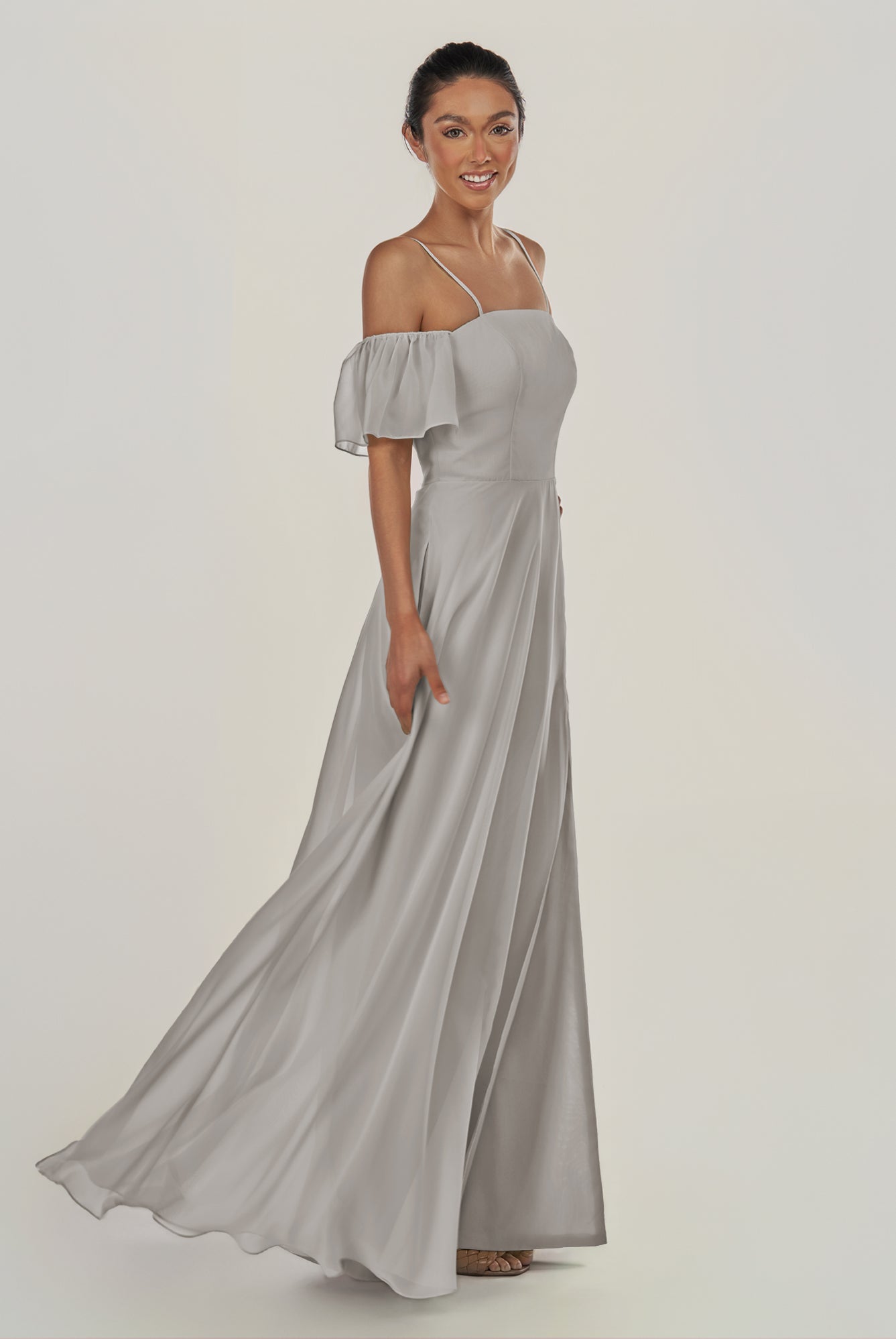 KissDress-Olia Silver A Line Chiffon Off the Shoulder Long Bridesmaid Dress with Slit