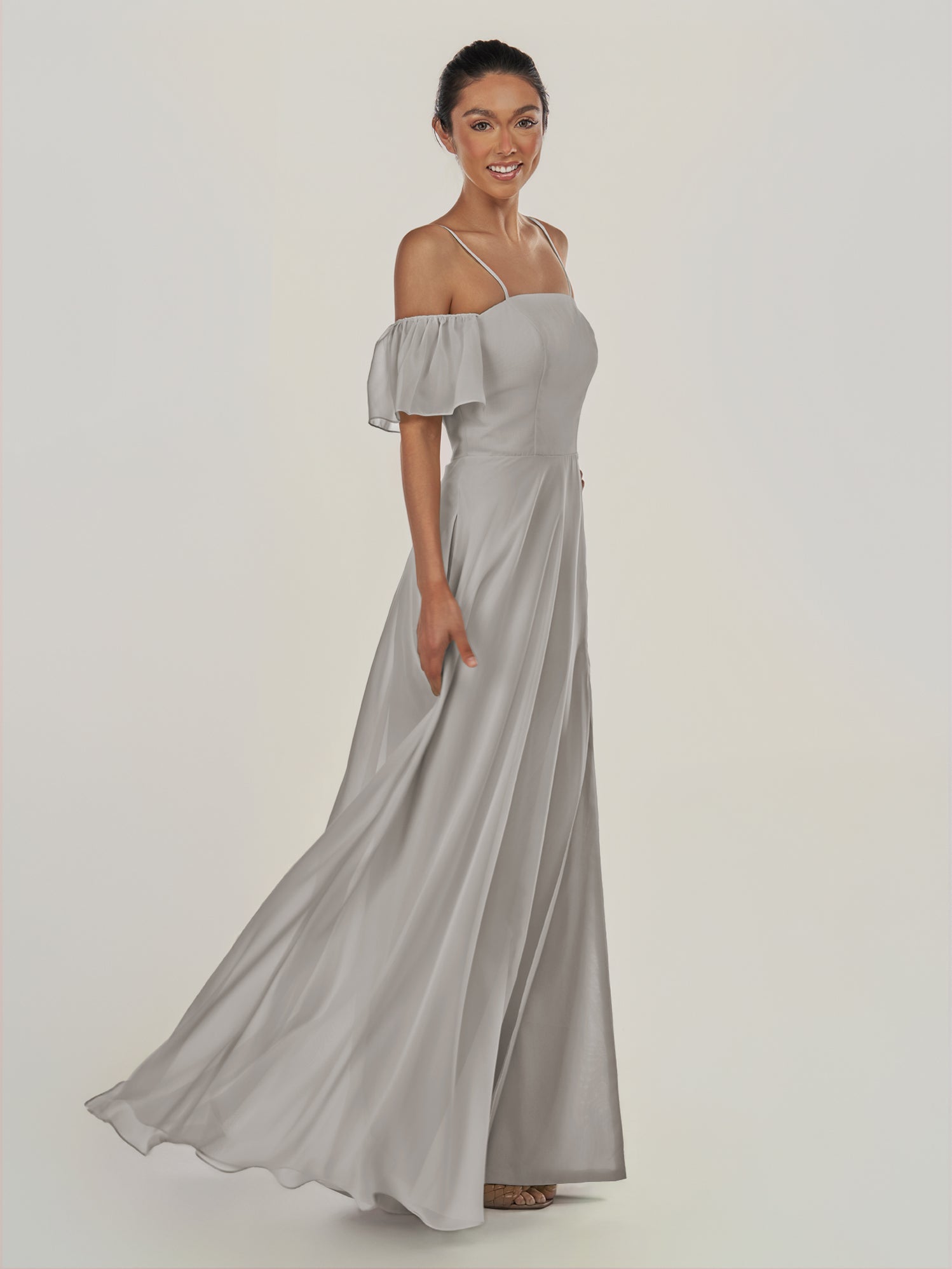 KissDress-Olia Silver A Line Chiffon Off the Shoulder Long Bridesmaid Dress with Slit